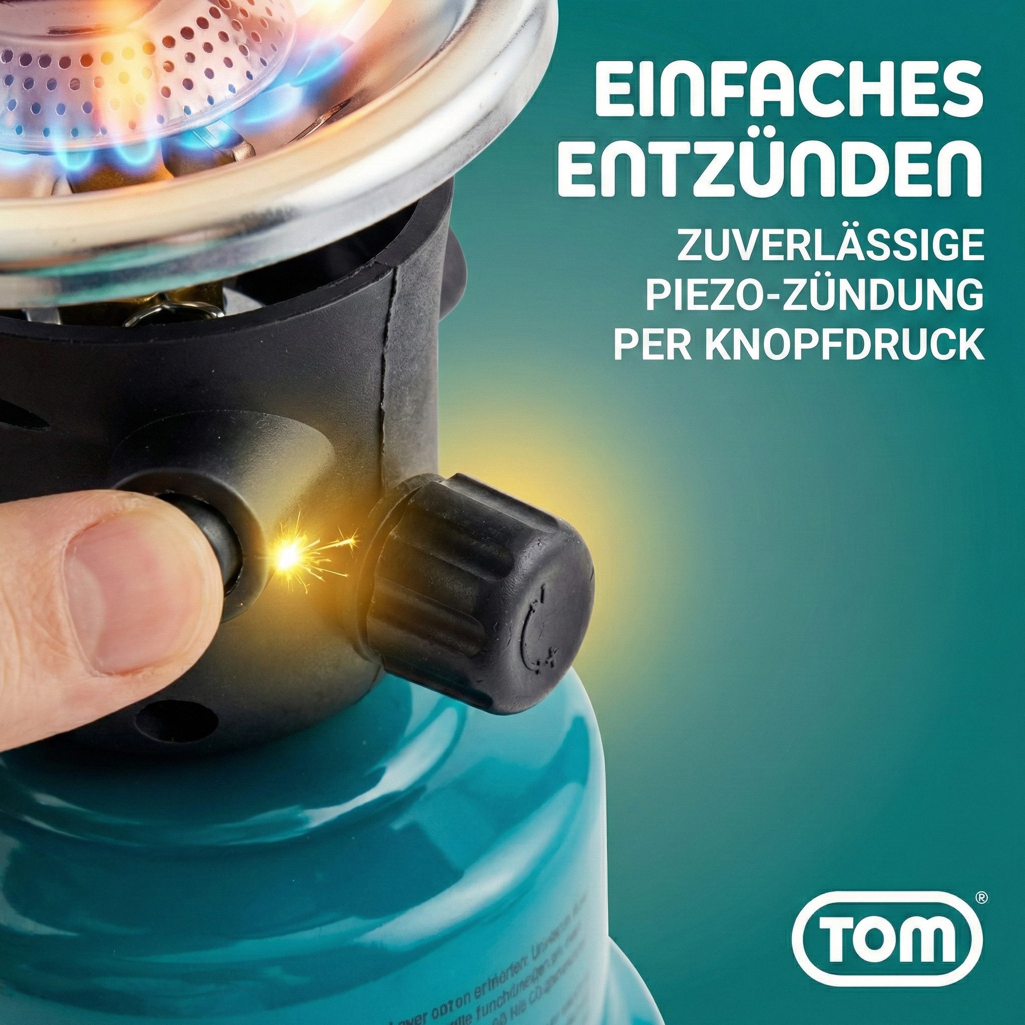 TOM Gaskocher Campingkocher optional mit 4x190g Gas Kartuschen CG-190 Butan Gas, (5-St), 1100W, Piezozündung, Windschutz, Stechkartuschen, Kartuschen Kocher – Bild 4 von 5