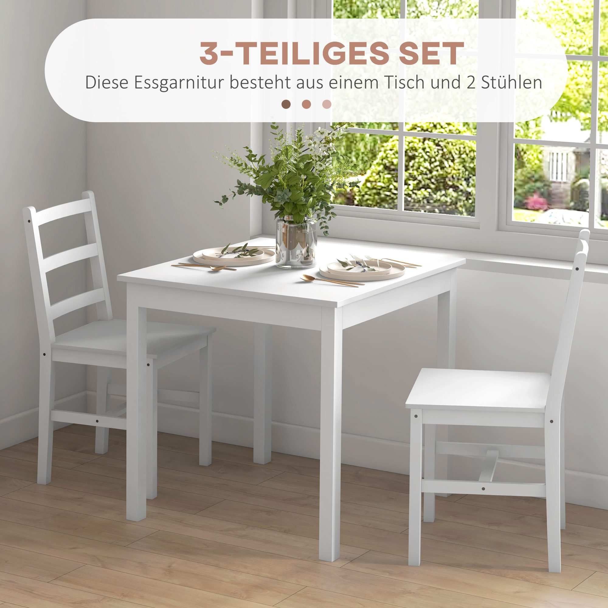 HOMCOM Essgruppe Esstisch mit 2 Stühlen Platzsparend Sitzgruppe Küchentisch-Set, (Esszimmergruppe, 1-tlg., Esstisch mit 2 Stühle), für Küche, Esszimmer, Kiefern – Bild 4 von 5
