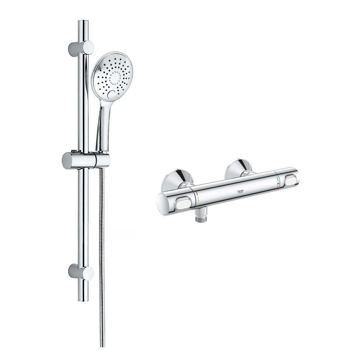 Grohe Duscharmatur Precision Flow Thermostat Set mit Aloni Duschgarnitur 3 Strahl Chrom (Spar-Set) ohne Regendusche, 3 Strahlarten mit SafeStop Sicherheitssperre bei 38°