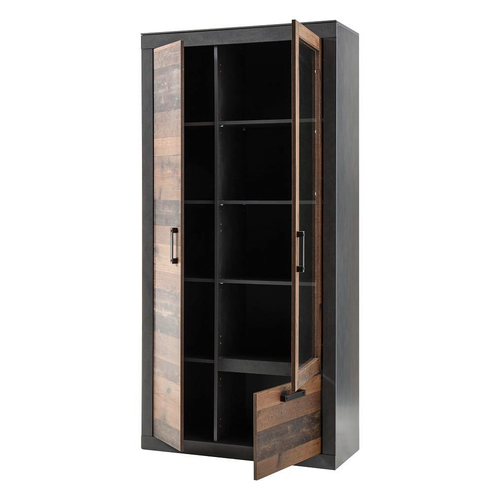 Lomadox Vitrine BERLIN-61 Old Mix Dekor mit Matera grau inkl. LED 97/201/40 cm