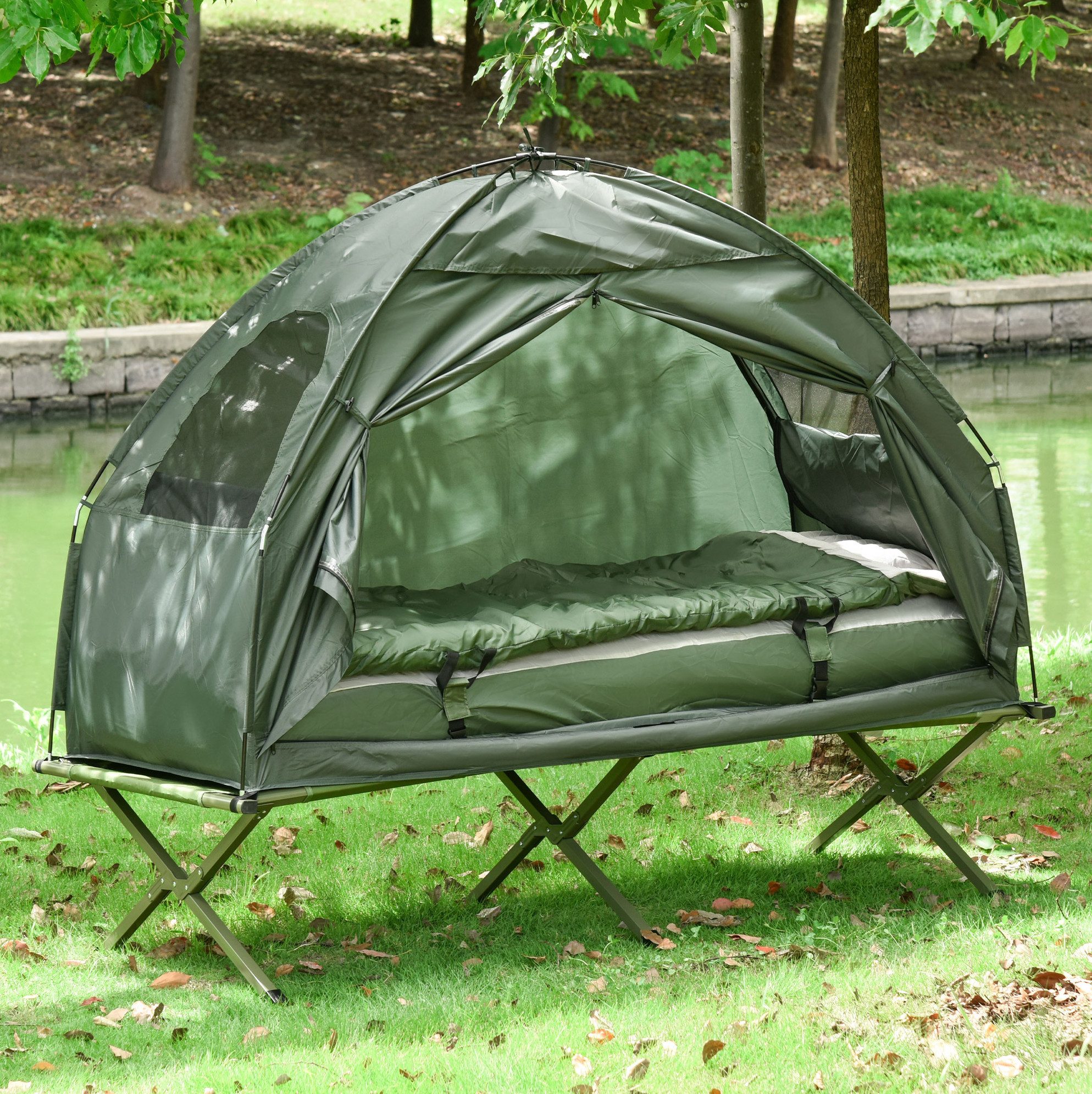 OKWISH Feldbett Klappbares Feldbett mit Zubehör, geeignet für Outdoor und Reisen (Packung, 1-St., Camping Set mit Zelt, Schlafsack und Matratze, Outdoor Komplettset) 4-in-1 Camping Set 193x86x160 cm, faltbar, Dunkelgrün