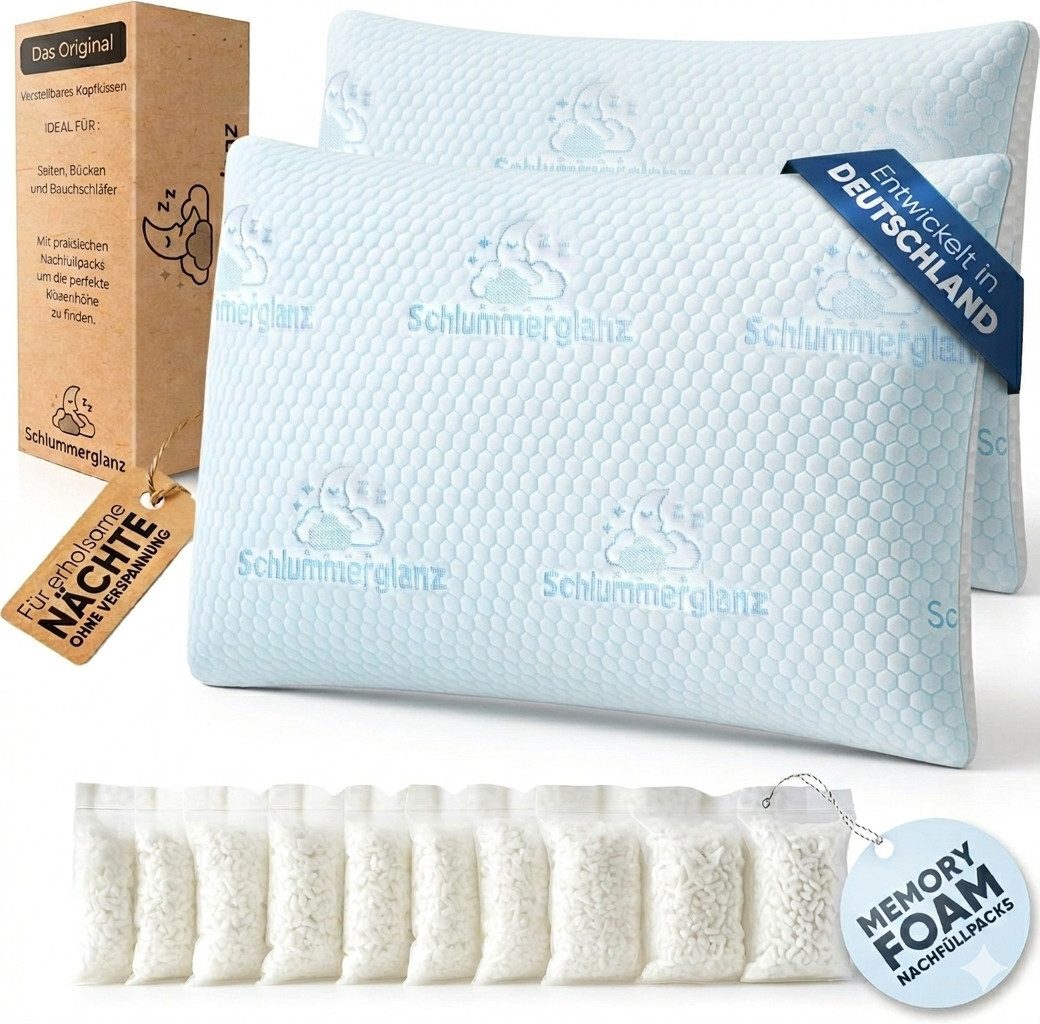 Schlummerglanz Kopfkissen Memory Foam Kissen - Kopfkissen 40x80 höhenverstellbar, Memory-Schaum, höhenverstellbar, portionierte Nachfüllpacks