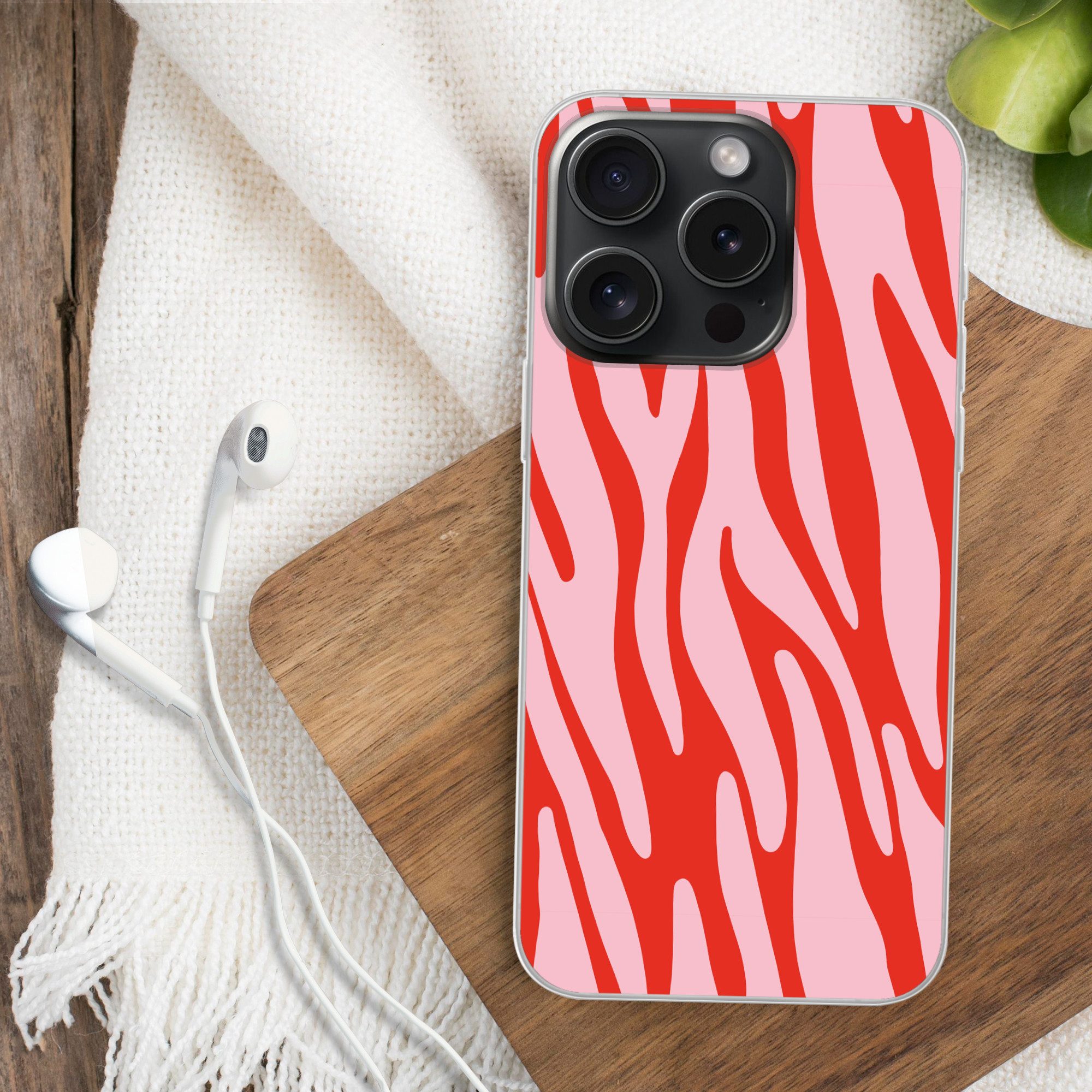 MuchoWow Handyhülle für Apple iPhone 15 Pro Zebramuster - Rosa - Rot - Tiermuster, Smartphone-Bumper, Print, Handy Schutzhülle Dünn