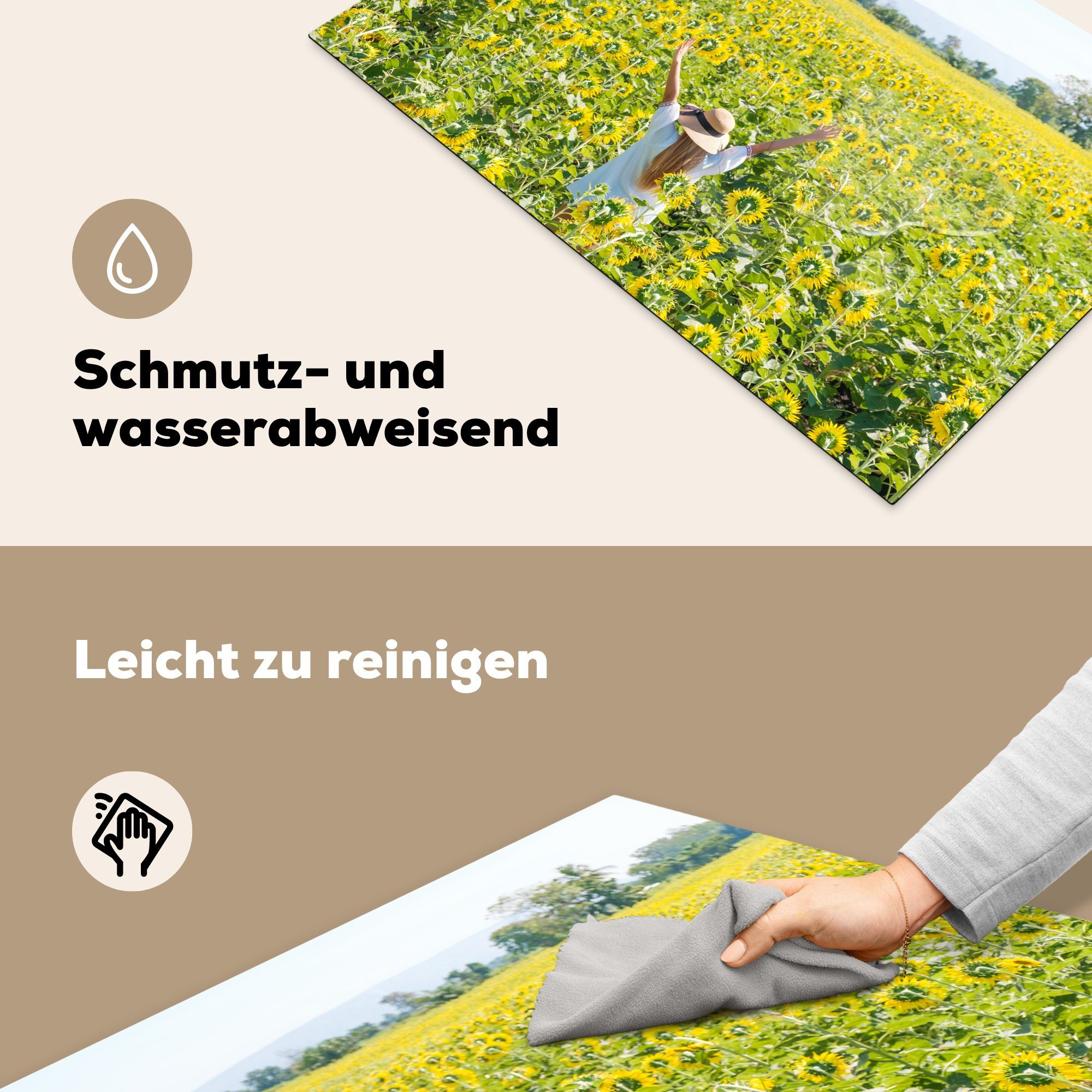 - küche, MuchoWow 81x52 Herdblende-/Abdeckplatte Schutz - (1 Frau tlg), die Sonne, Vinyl, cm, Sonnenblume für Ceranfeldabdeckung Induktionskochfeld