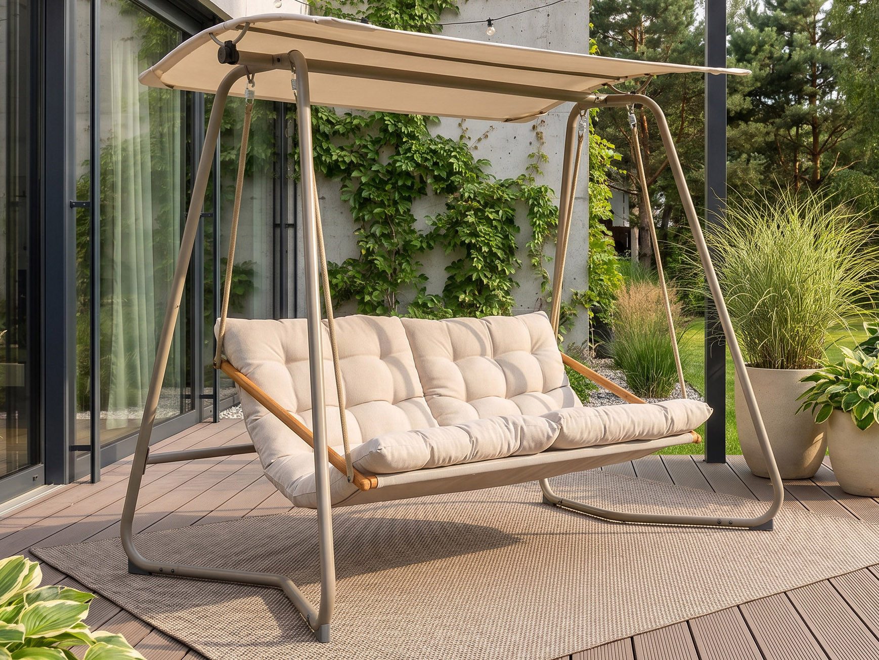 Beautysofa Hollywoodschaukel GARDA Beige Gartenschaukel mit Sonnendach, 2-Sitzer, Stahlrahmen, Schaukelbank für Garten Terrasse Balkon, Breite: 214 cm