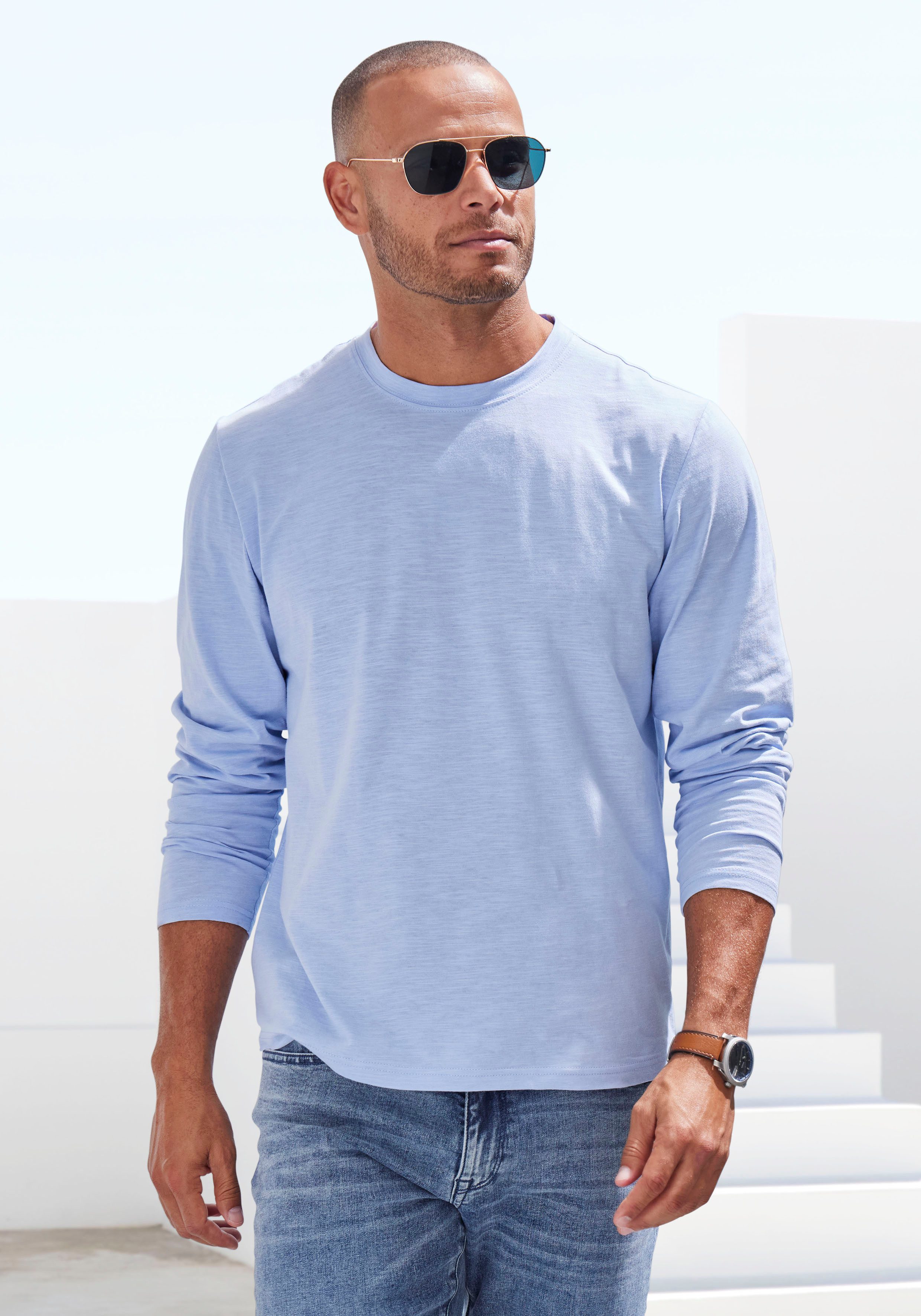 John Devin Langarmshirt mit Slub-Garn Struktur (2er-Pack) Longsleeve aus leichter, strukturierter Baumwollqualität