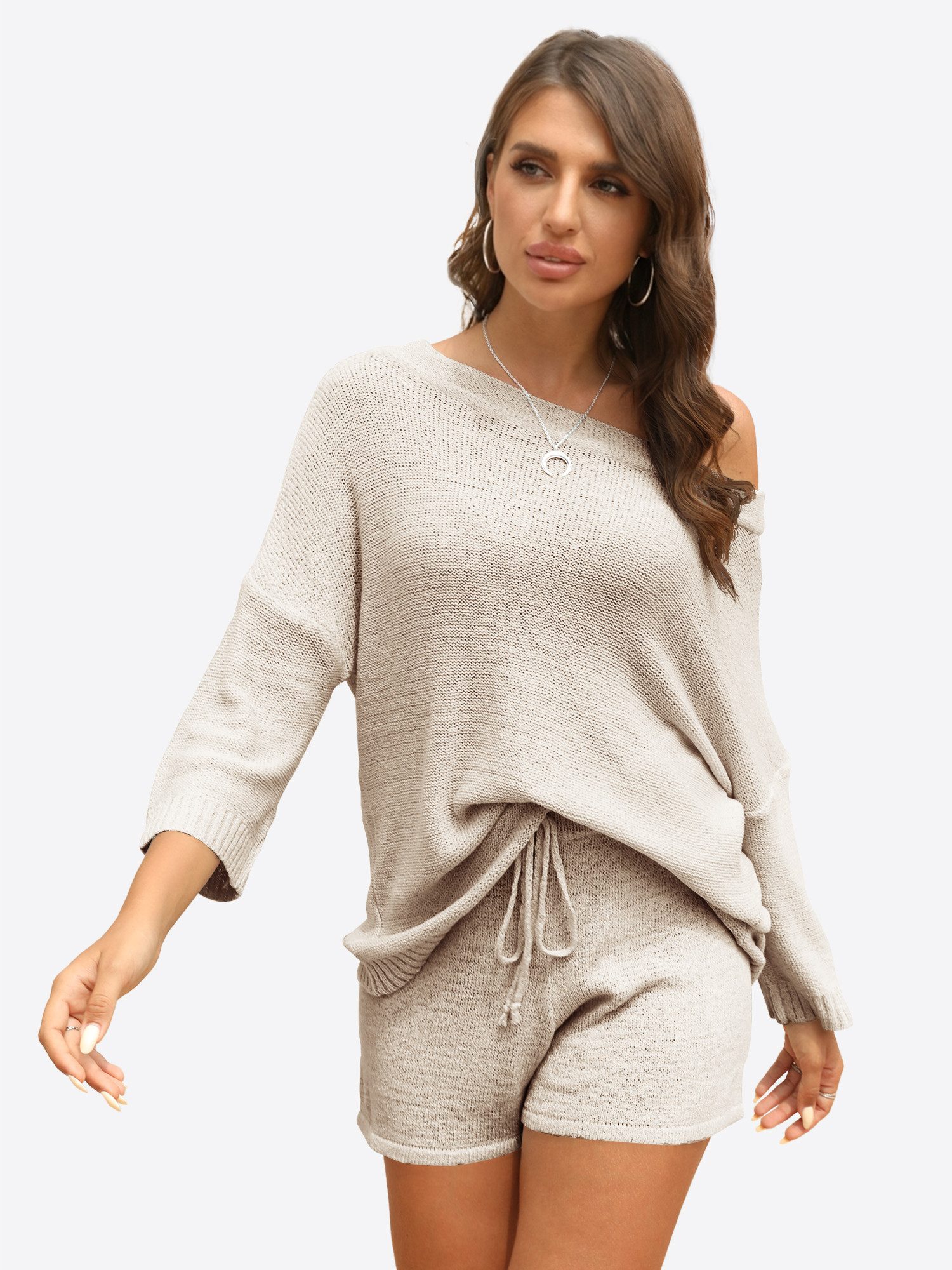 Imily Bela Hausanzug Damen Zweiteiliges Pyjama-Set (Set, 2 tlg., Schulterfreier Strickpullover + Kurze Hose) Einfarbig – Bild 5 von 5