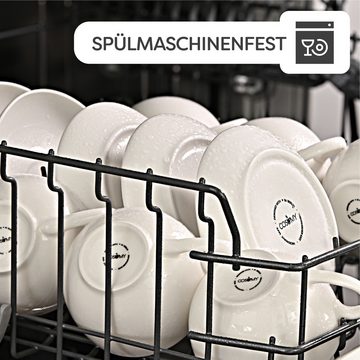 Cosumy Cappuccinotasse 6 Cappuccino Tassen Set Weiß, Keramik, Mit Untertassen - Hält Lange warm - Spülmaschinenfest - 180ml