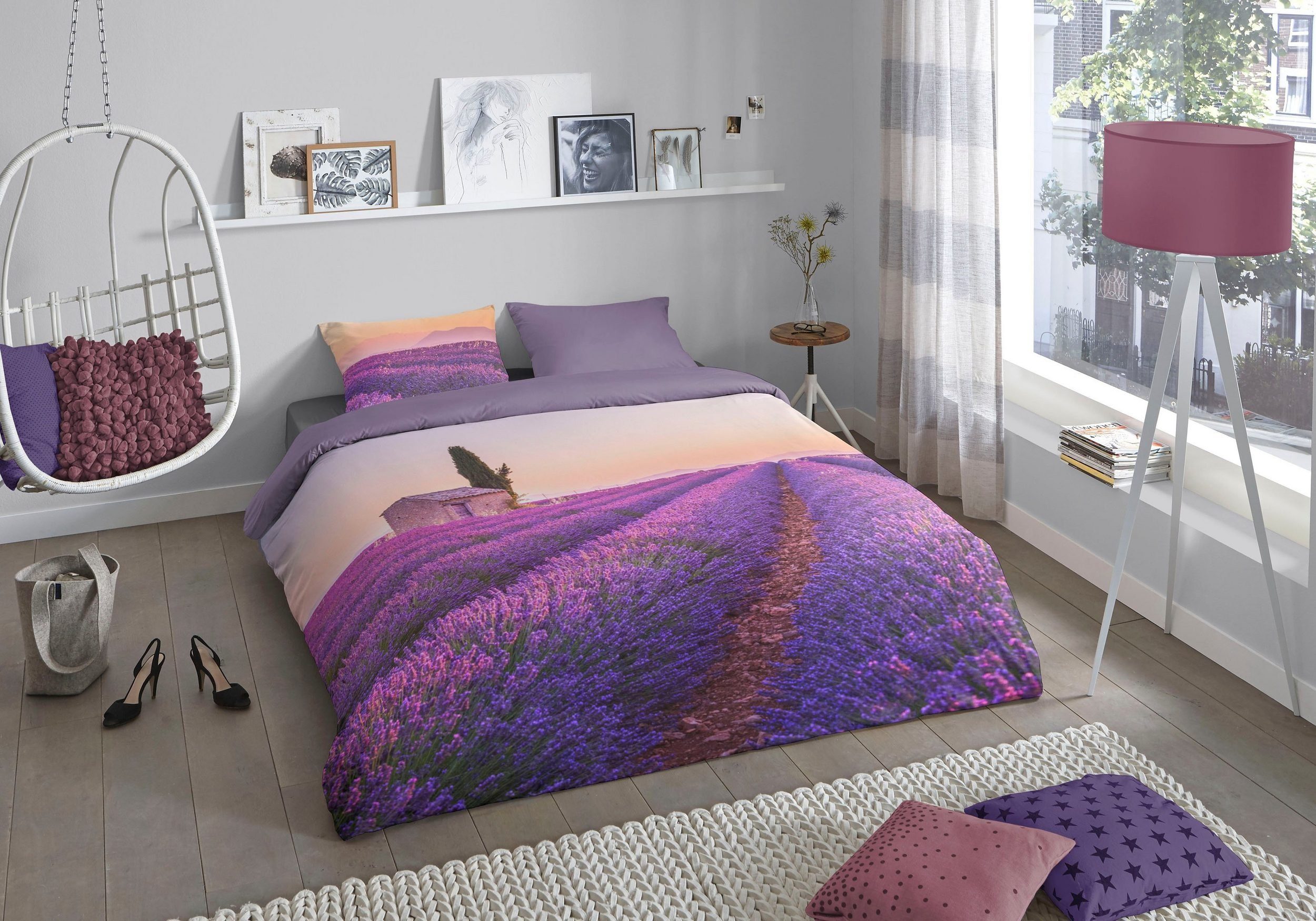 Wendebettwäsche Lavender Bettwäsche-Set Bettbezug & Kissenbezüge, PURE luxury collection, Microfaser, 3 teilig, mit Lavendelfeld
