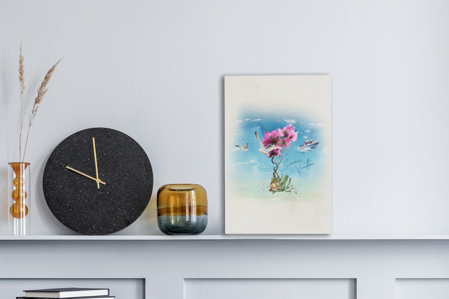 Blume fertig Gemälde, Zackenaufhänger, inkl. bespannt OneMillionCanvasses® Aquarell, - Leinwandbild (1 Boot Leinwandbild - cm St), 20x30