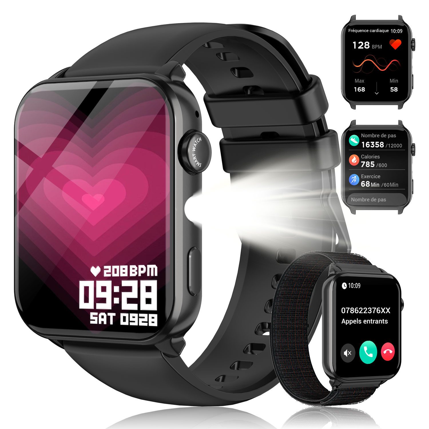 IOWODO Smartwatch Damen Herren 1,91" HD Touch, mit LED Lampe& Bluetooth Anruf Smartwatch, mit Wechselband aus weichem Silikon und Ladekabel, 5 Tage Akku,350 mAh,SpO₂/HR/Schlaf,App-Fitnesskurse,Schrittzähler,IP68