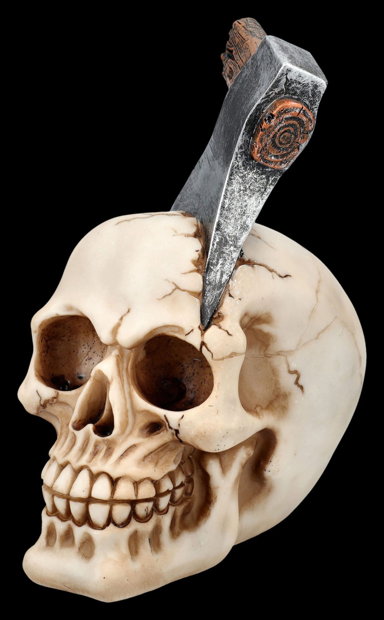 Figuren Shop GmbH Dekofigur Deko Totenkopf - Axt im Schädel - Dekoschädel Totenkopf Gothic Deko