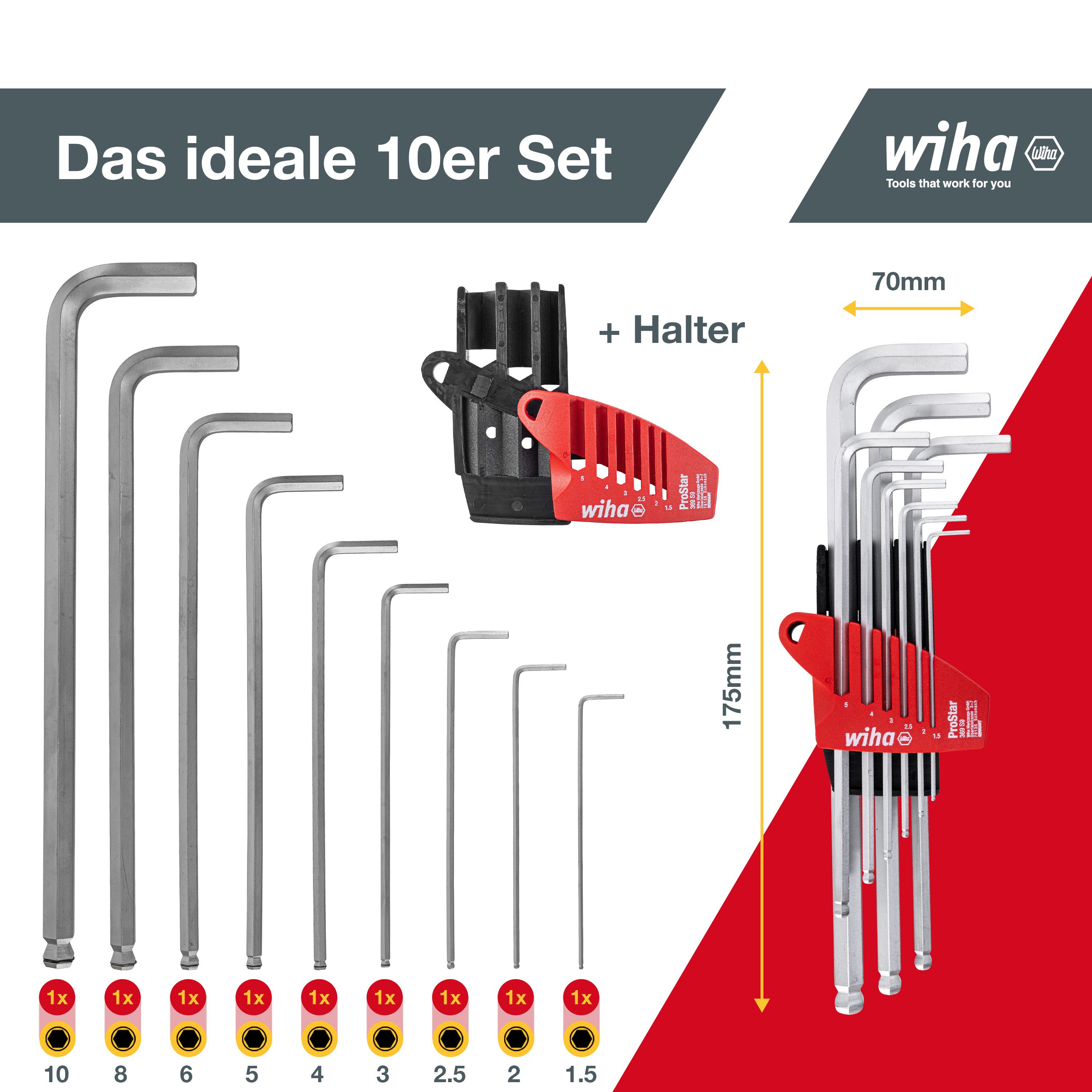 Wiha Stiftschlüssel ProStar Halter (369S9) - 10 tlg., Innensechskant Satz mit Kugelkopf, Innensechskantschlüssel