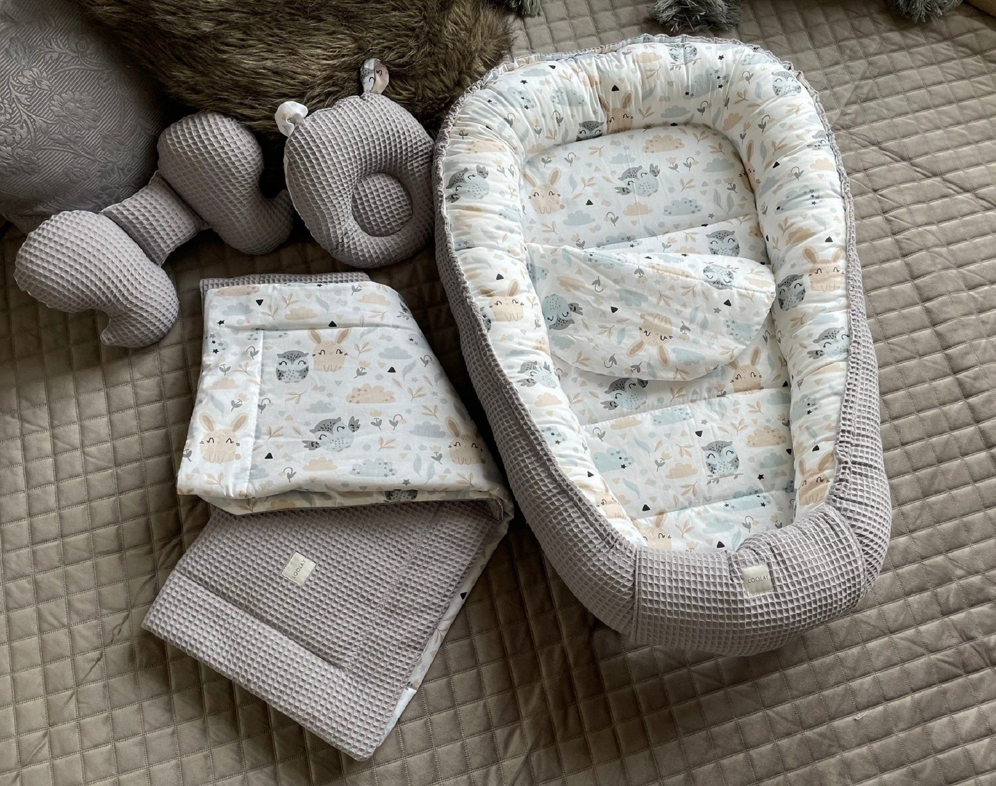 Loolay Bettnestchen GRAU Waffelpique/ HASE Beige Weiß BABYNEST Babyausstatt günstig online kaufen