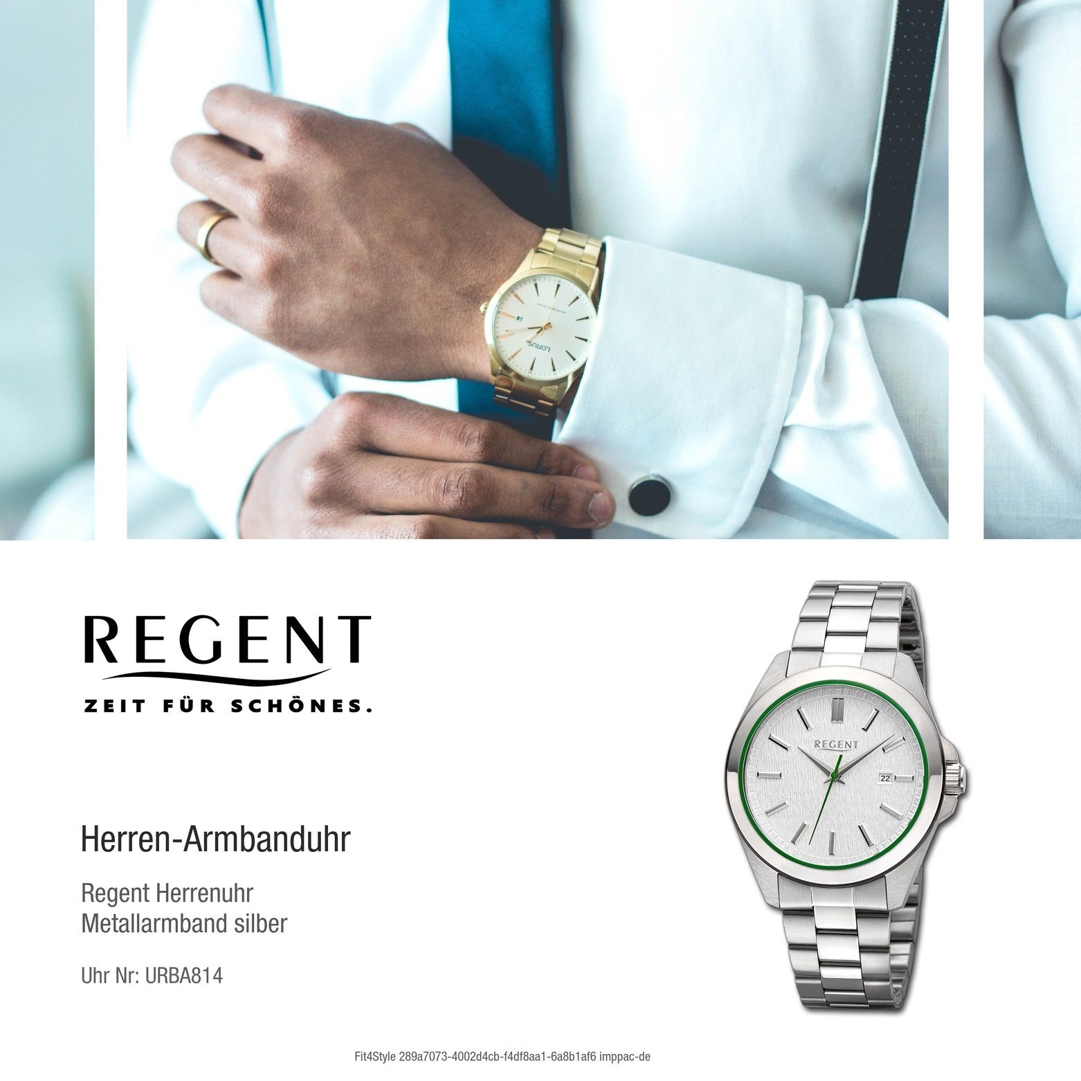 Metallarmband (ca. Quarzuhr extra Analog, Regent rund, 41mm), Herren Regent Herren groß Armbanduhr Armbanduhr grün