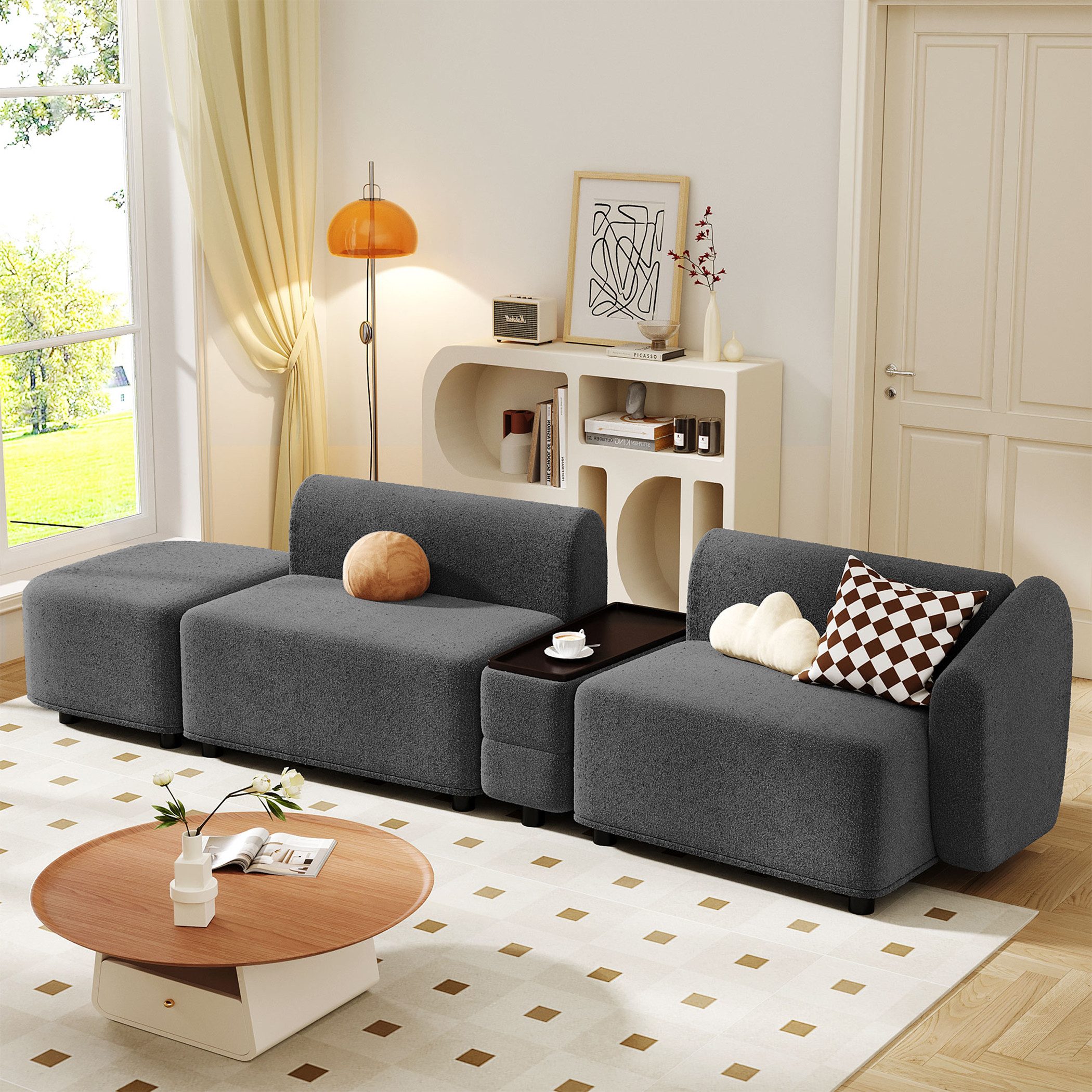 KLAM HOME Ecksofa modernes Design multifunktionales Dreisitzer-Sofa, Wohnzimmer Sofa mit Couchtisch Aufbewahrungsfunktion & Ottoman