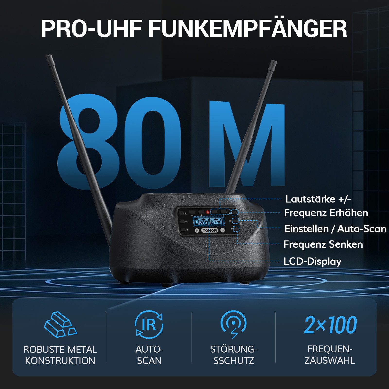 TONOR Mikrofon Wiederaufladbares UHF Funkmikrofon Set, 2 Metal Mikrofone Scan 80 m. (Set, 1-tlg), Kabellos