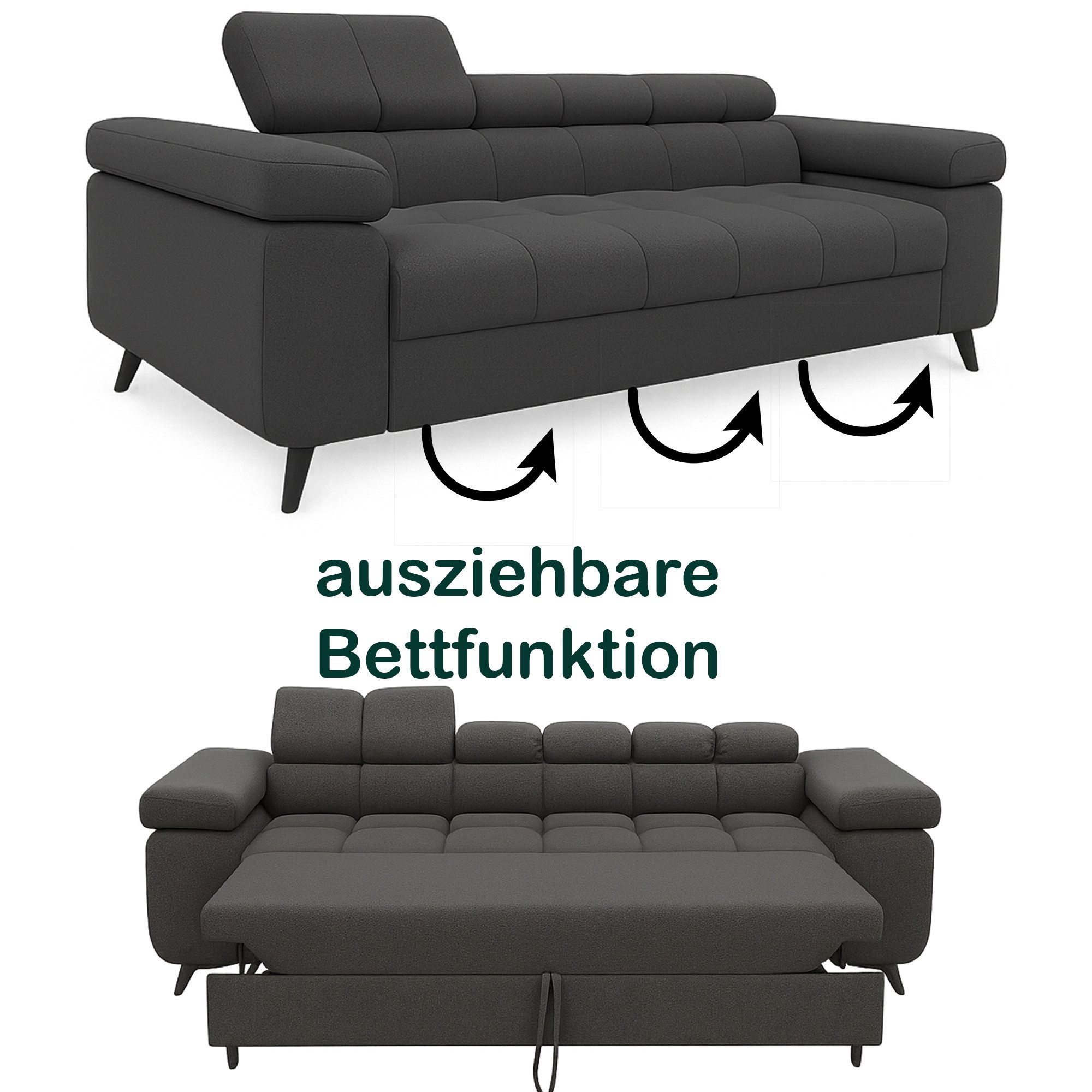 M-Punkt24 Polstergarnitur Sofa 3-2-1 mit Schlaffunktion, (Samtstoff Anthrazit Bigsofa, mit Kopfteilverstellung / Rückenverstellung), bestehend aus 3-Sitzer, 2-S – Bild 4 von 5