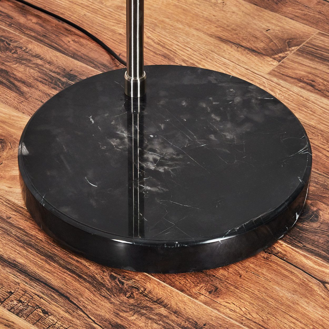 hofstein Bogenlampe Stehlampe mit Marmorfuß aus Metall/Stoff in Nickel-matt/Schwarz/Weiß, verstellbare Stehleuchte im modernen Design mit Fußschalter, E27