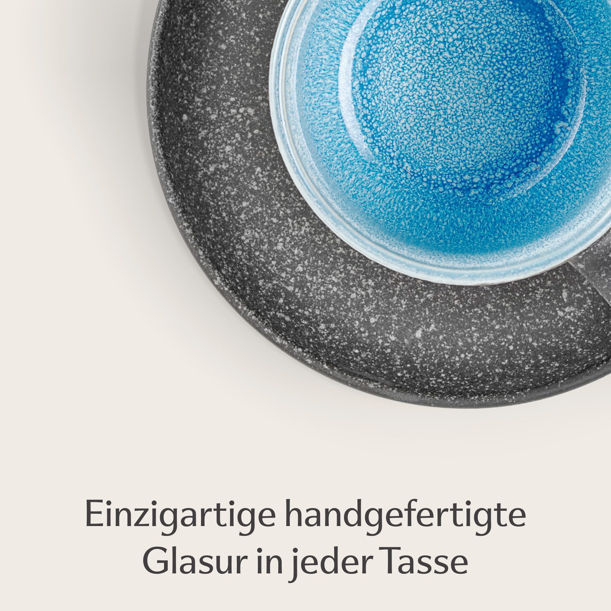 Cosumy Cappuccinotasse Cappuccino Tassen mit Untertassen 4er Set blau, 8-tlg., Keramik, Warm