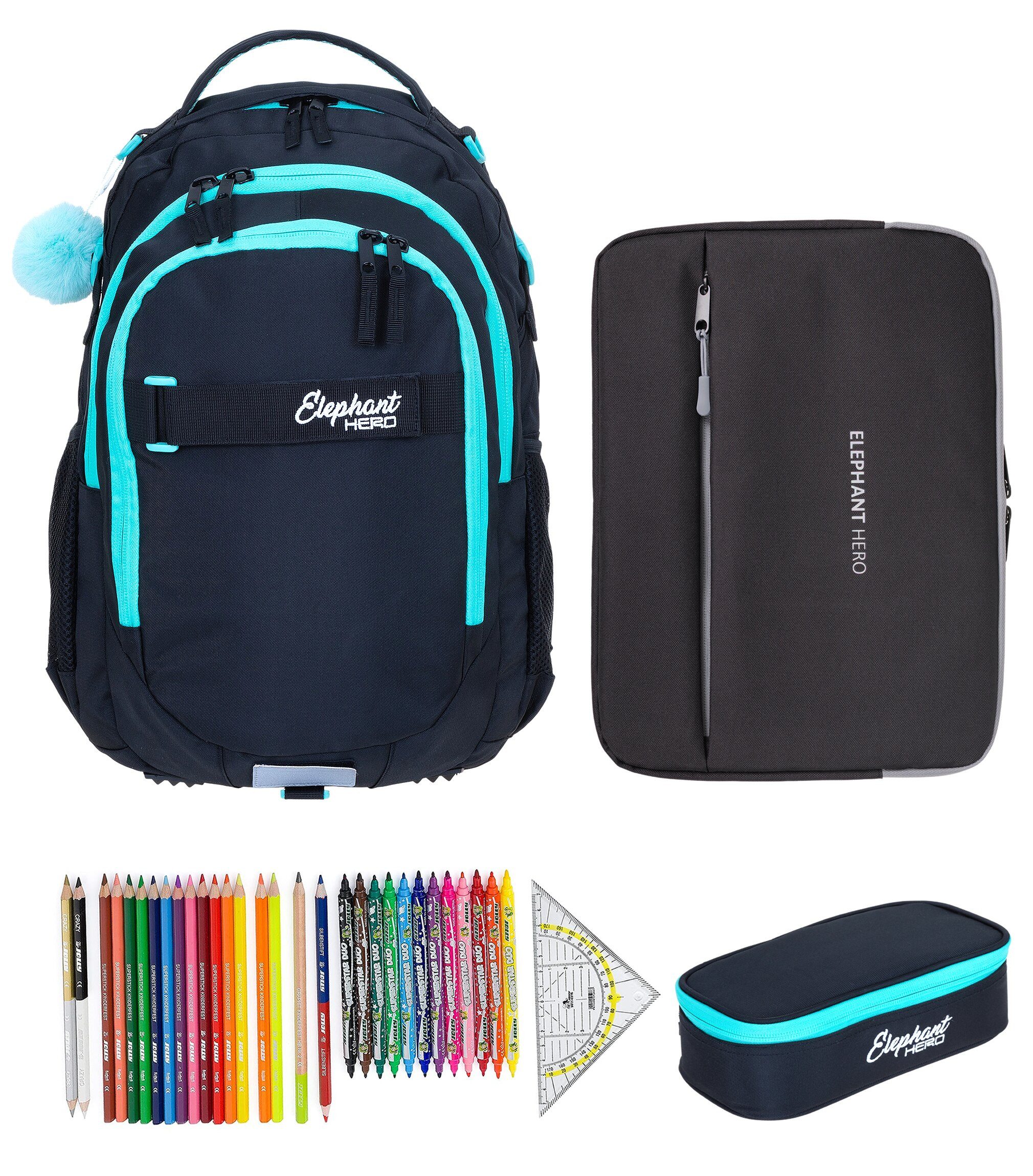 ELEPHANT Schulrucksack Hero Signature Schultasche Digital Ready Set (4 Teile Schulrucksackset, 4-tlg., inkl. Mäppchen Box + Laptop Hülle Sleeve + 31 Teile Stifte), Rucksack Schulmappe Jungen Mädchen +rmlv
