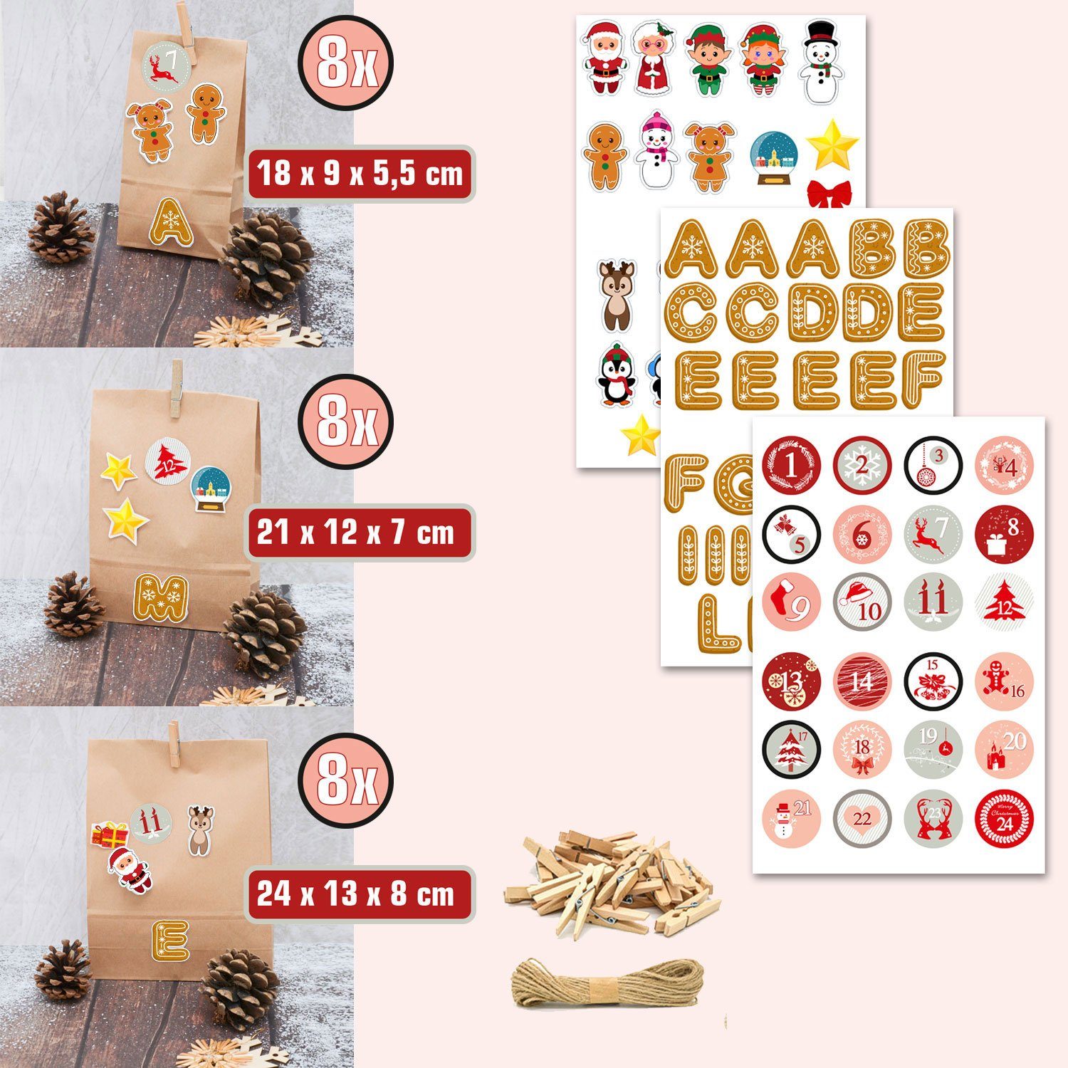 DuneDesign befüllbarer Adventskalender DIY Adventskalender Bastelset mit 24 Papiertüten, Mit Stickern Klammern und Schnur zum Befüllen und Gestalten