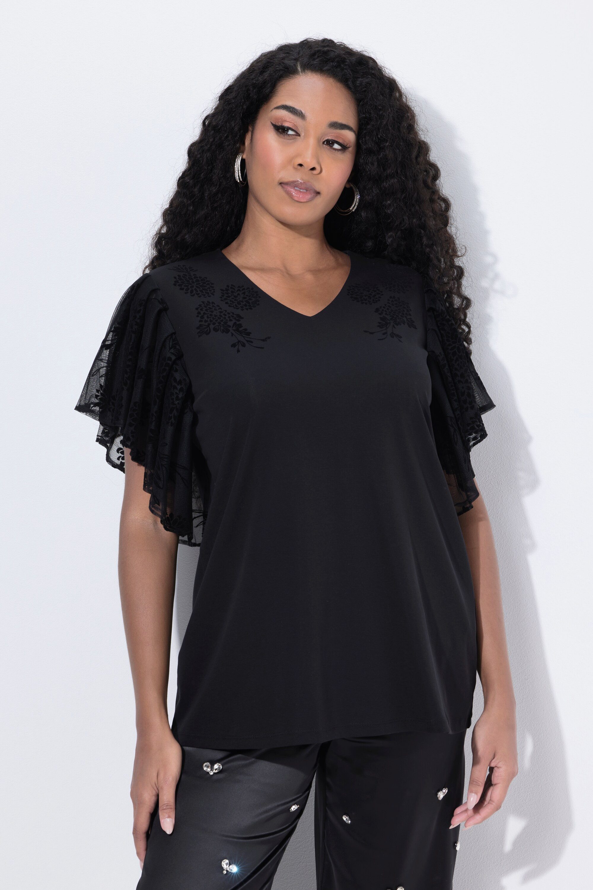 Ulla Popken T-Shirt T-Shirt Flockblüten V-Ausschnitt günstig online kaufen