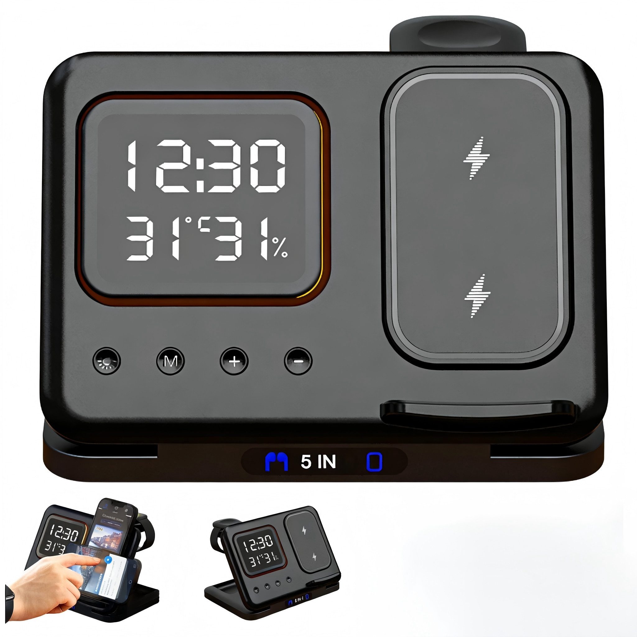 ibettertec Ladegerät,Multi-funktionales 5-in-1 Wireless Charger Ladestation (Digitaler Wecker mit 15W Schnellladung für Apple Watch, Kabellose Ladestation mit LED Nachtlicht und Temperaturanzeige)