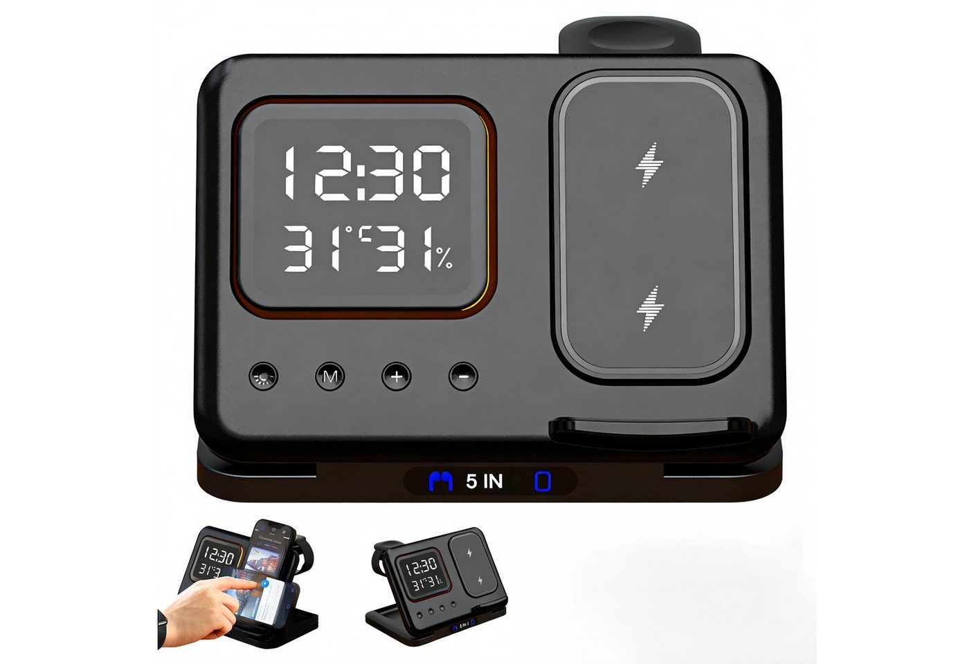 ibettertec Ladegerät,Multi-funktionales 5-in-1 Wireless Charger Ladestation (Digitaler Wecker mit 15W Schnellladung für Apple Watch, Kabellose Ladestation mit LED Nachtlicht und Temperaturanzeige)