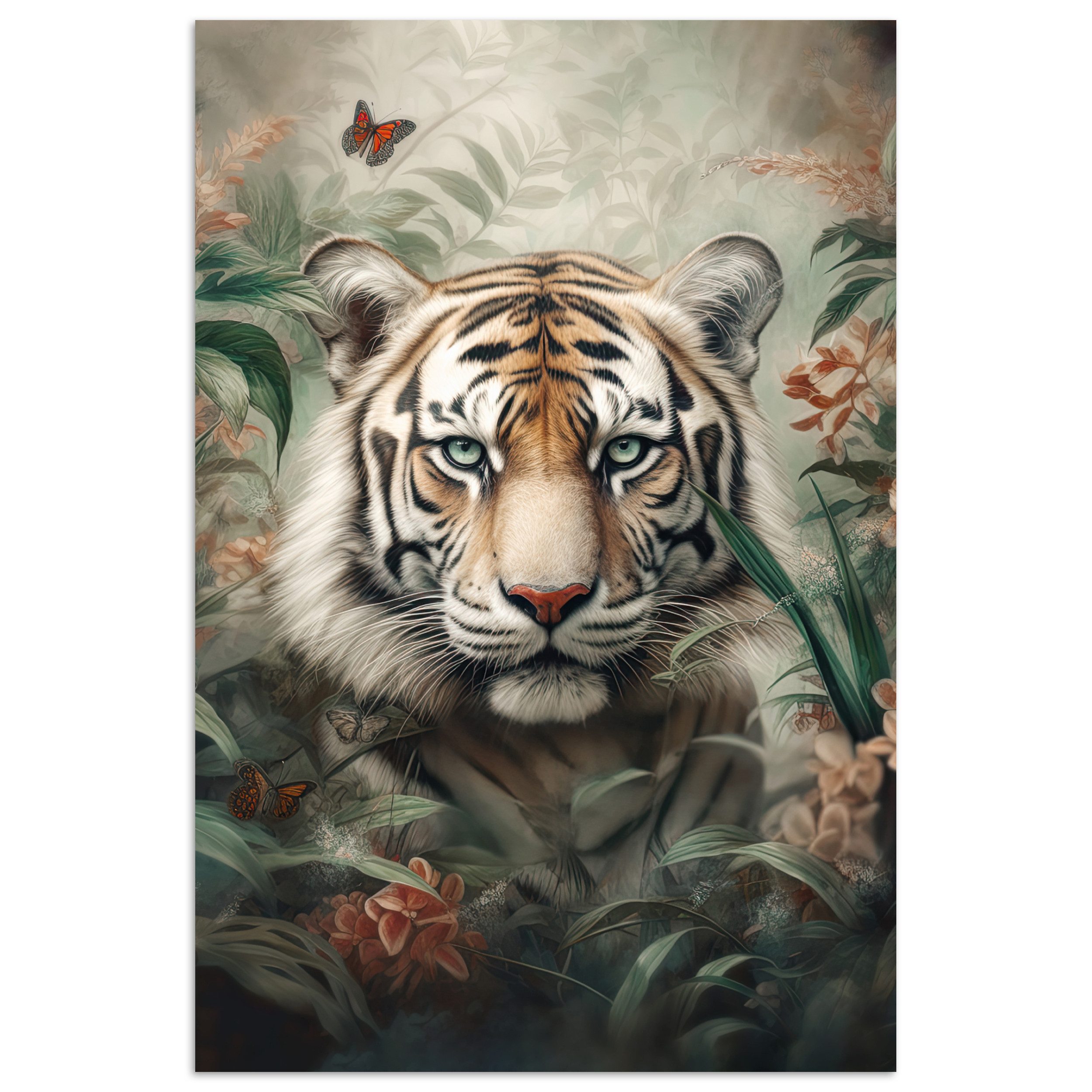 MuchoWow Poster Tiger - Schmetterlinge - Tiere - Dschungel - Blumen, (1 St), Poster ohne Rahmen, Wandbild, Wandposter, 20x30 cm