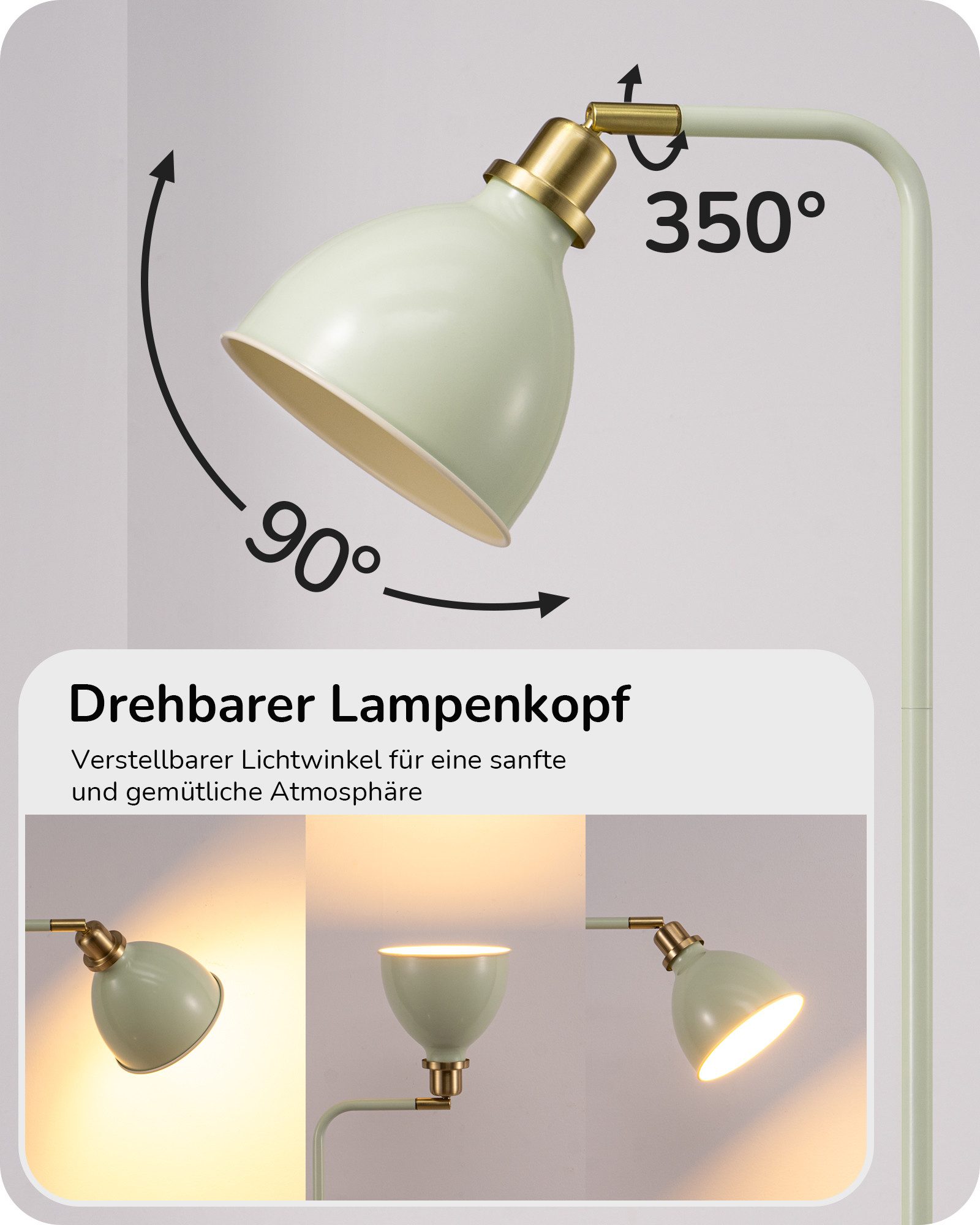 EDISHINE Stehlampe Wohnzimmer, LED wechselbar, warmweiß, Leselampe für Büro&Arbeitszimmer, grüner Lampenschirm, 155cm