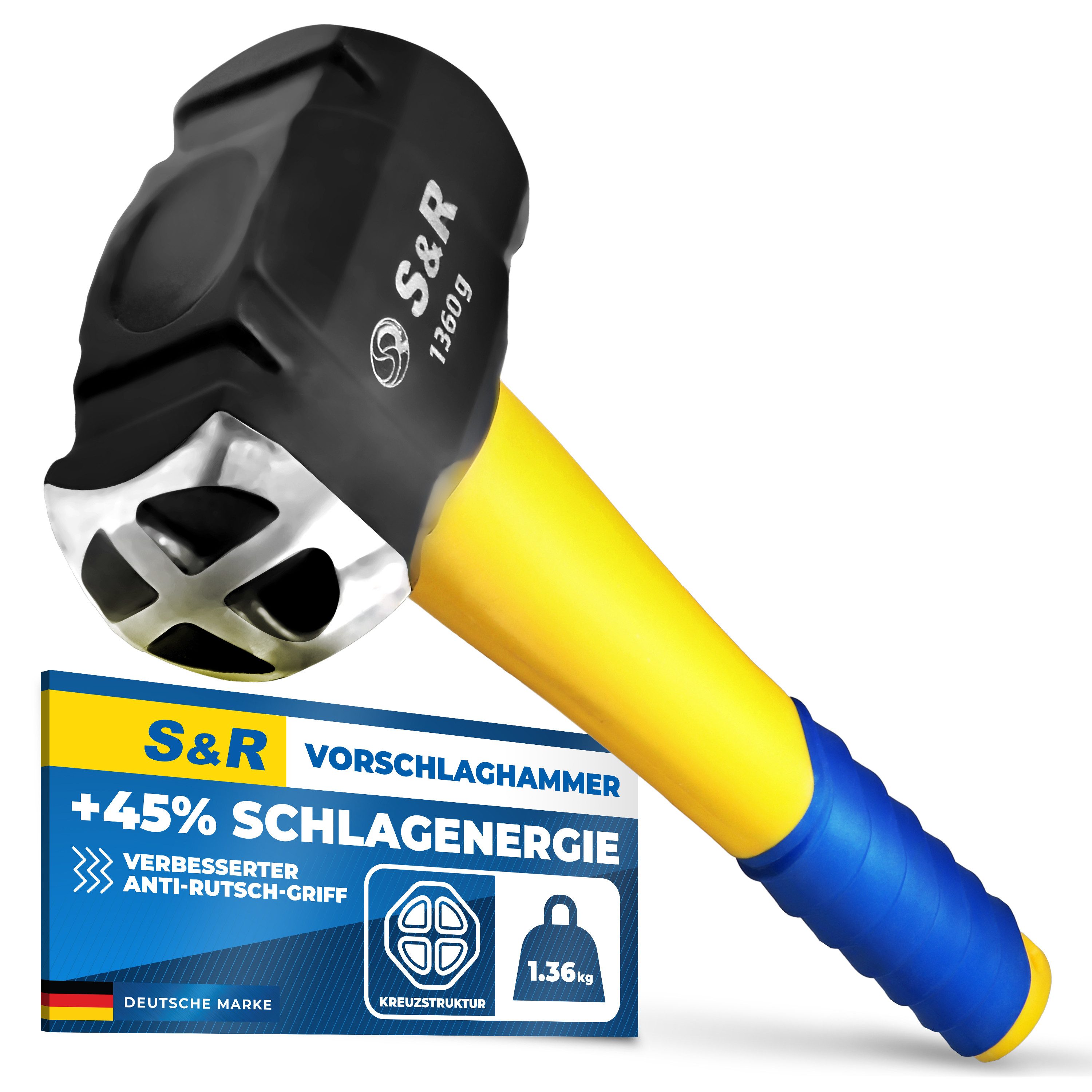 S&R Vorschlaghammer Kombi Fäustel, kleiner Vorschlaghammer mit Doppelkopf, Kopf-Gewicht 1360 Gr, Kreuz- und Flachseite, hitzegehärtet