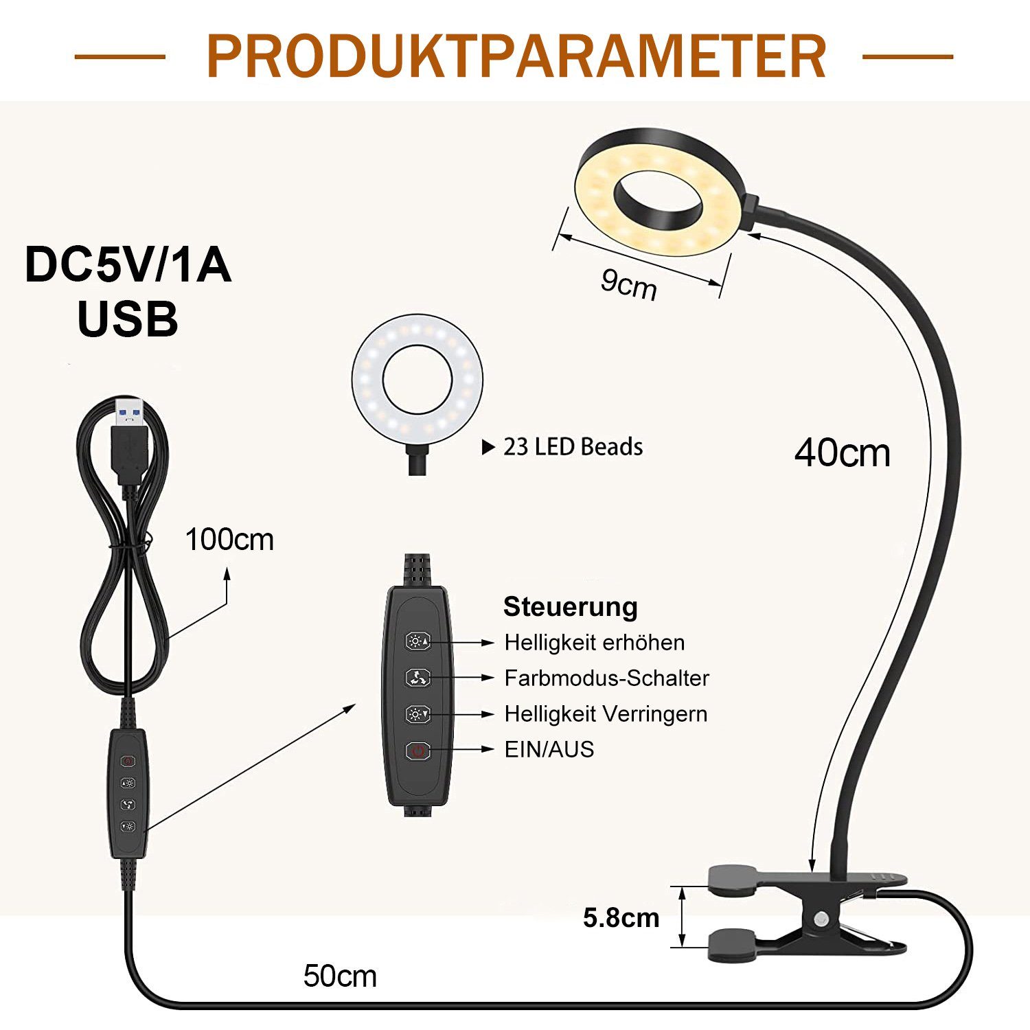 40cm/70cm ° LED in Farbtemperatur,Clip-on-Lampe,Leselampe 360 Helligkeitseinstellungen, Klemmleuchten Klemme, Klemmleuchten,10 USB, Schreibtischlampe,3 MUPOO Lampenhöhe,Speicherfunktion,USB-Plug