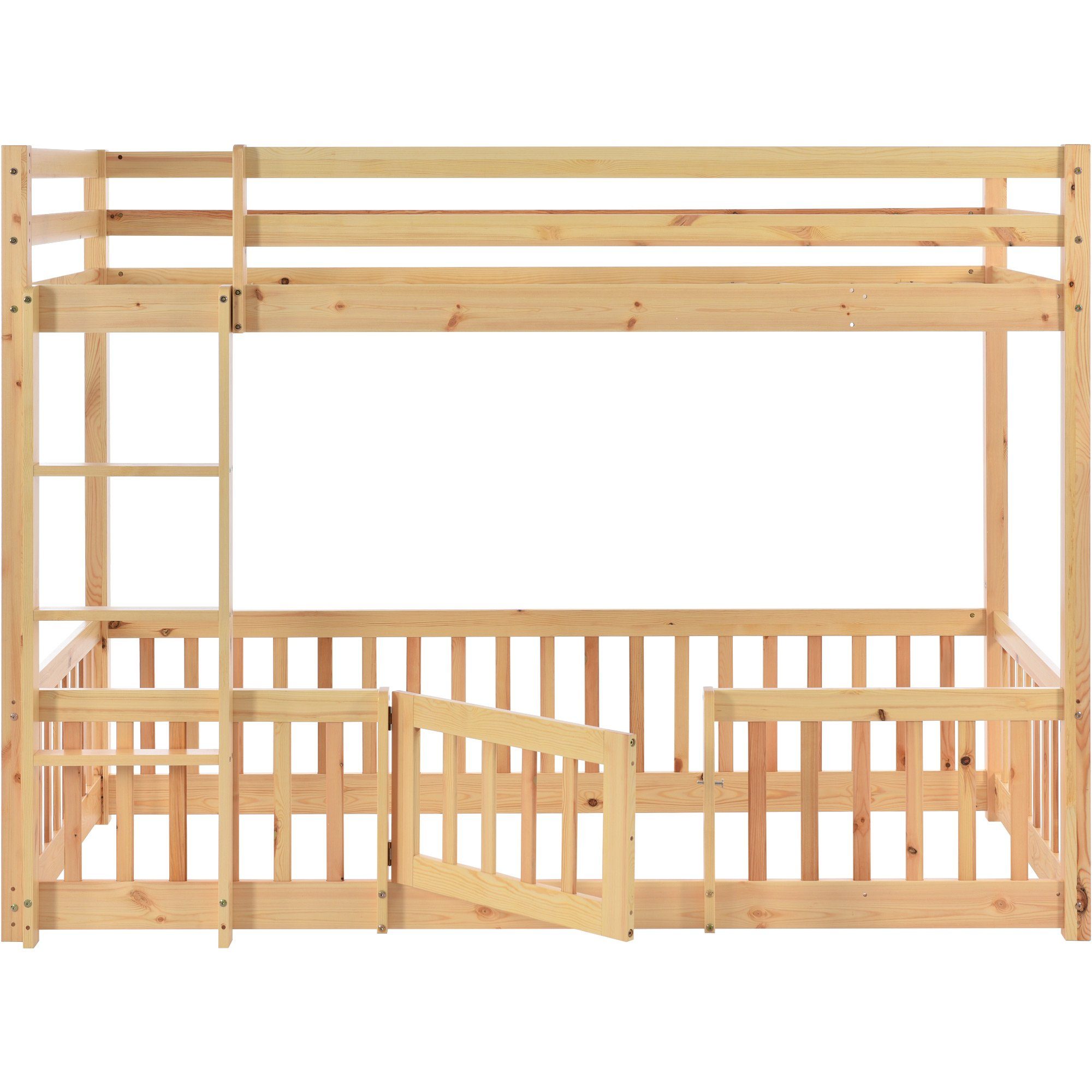 Etagenbett (Hochbett 90x200 cm mit Lattenrost und Rausfallschutz), Kinderbett mit Leiter, Zäune und Tür, aus massivem Kiefernholz