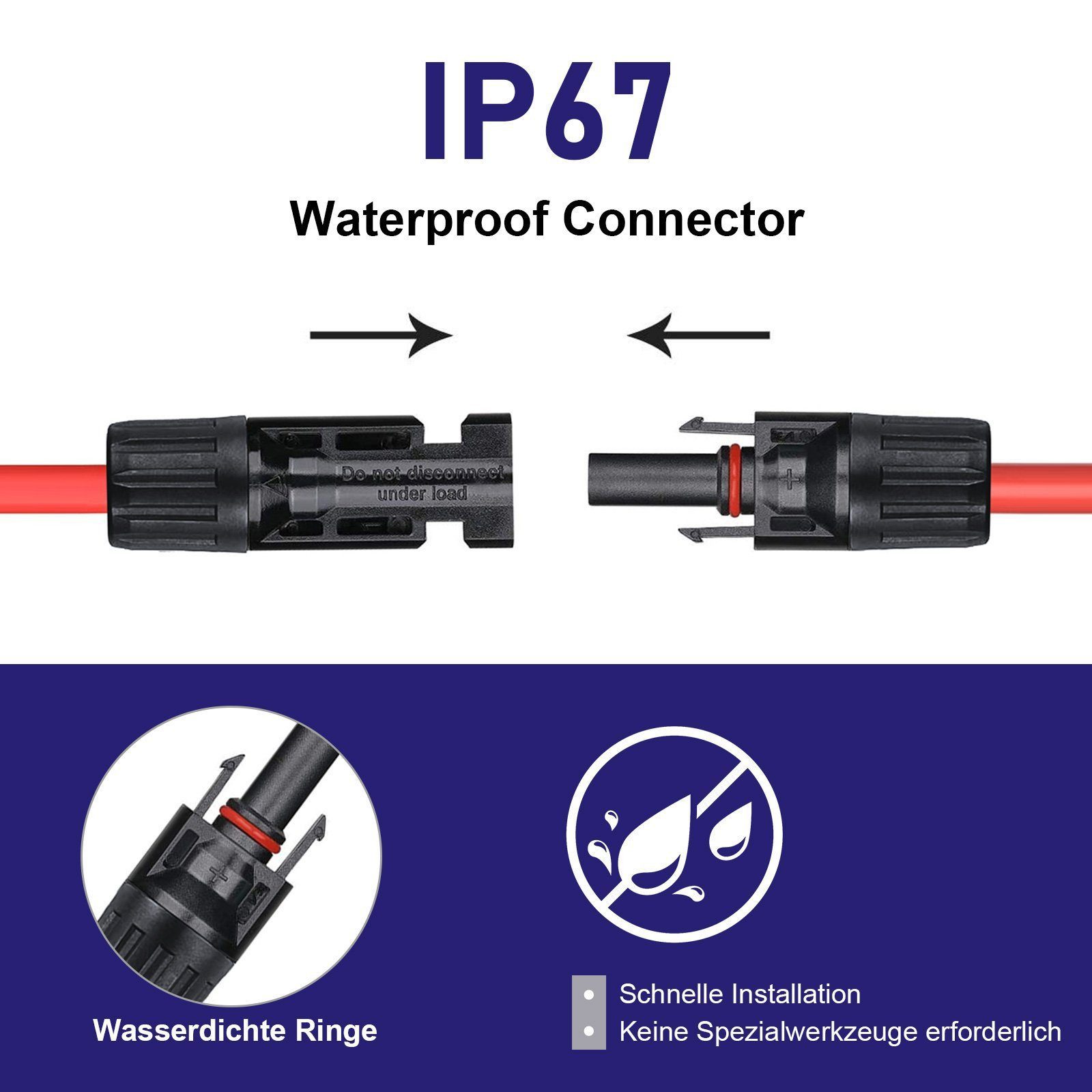 Rhein Beleuchtung Solarmodul Solarkabel, Verlängerungskabel mit Solarstecker (rot/schwarz, 6 mm), IP67 wasserdicht, alterungsbeständig, für Solarmodul-Panelsf