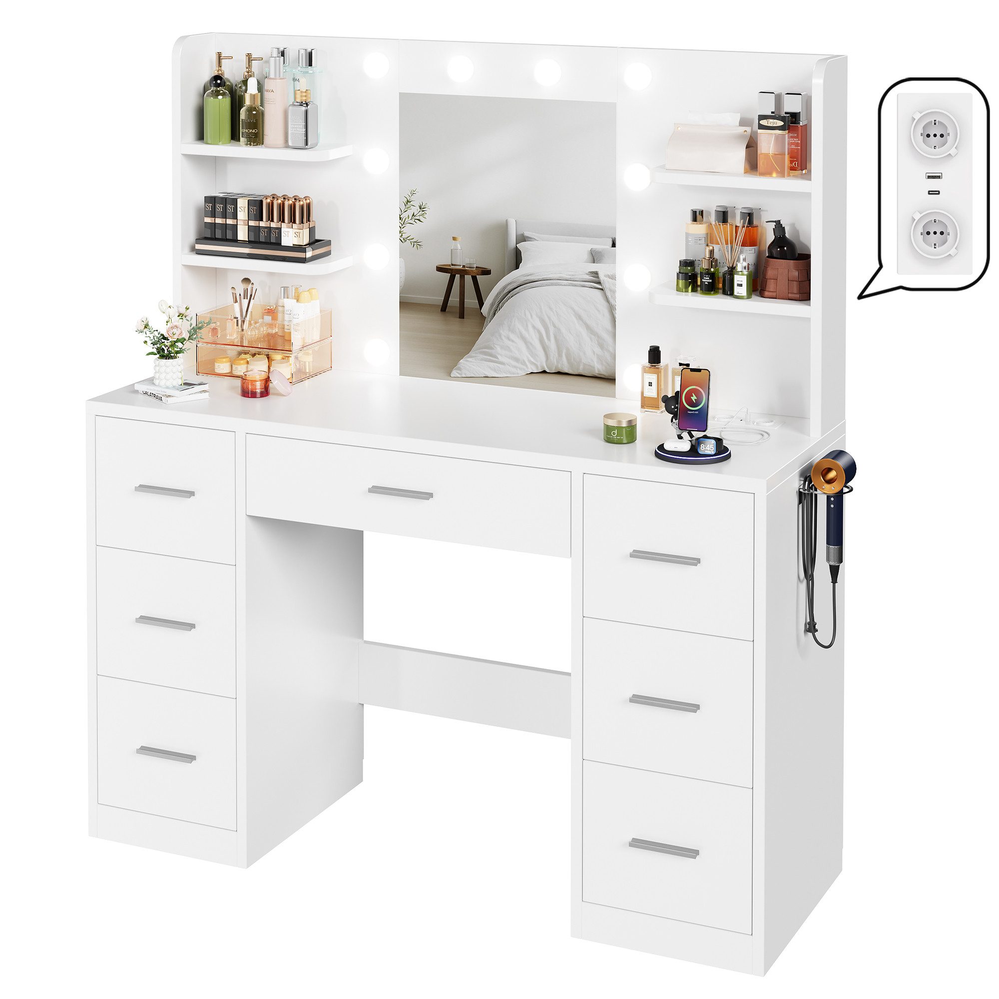 HOMALL Schminktisch Mit dreifarbiger LED-Beleuchtung, mit Spiegel, optional mit Hockern (Abmessungen: 110 x 40 x 137 cm, mit 10 kugelförmigen Leuchten mit einstellbarer Helligkeit und Farbtemperatur, komplett mit einer Schublade. Mit 1 USB-Anschluss, 1 Ladeanschluss, 2 Steckdosen und 1 Föhnsteckdose)