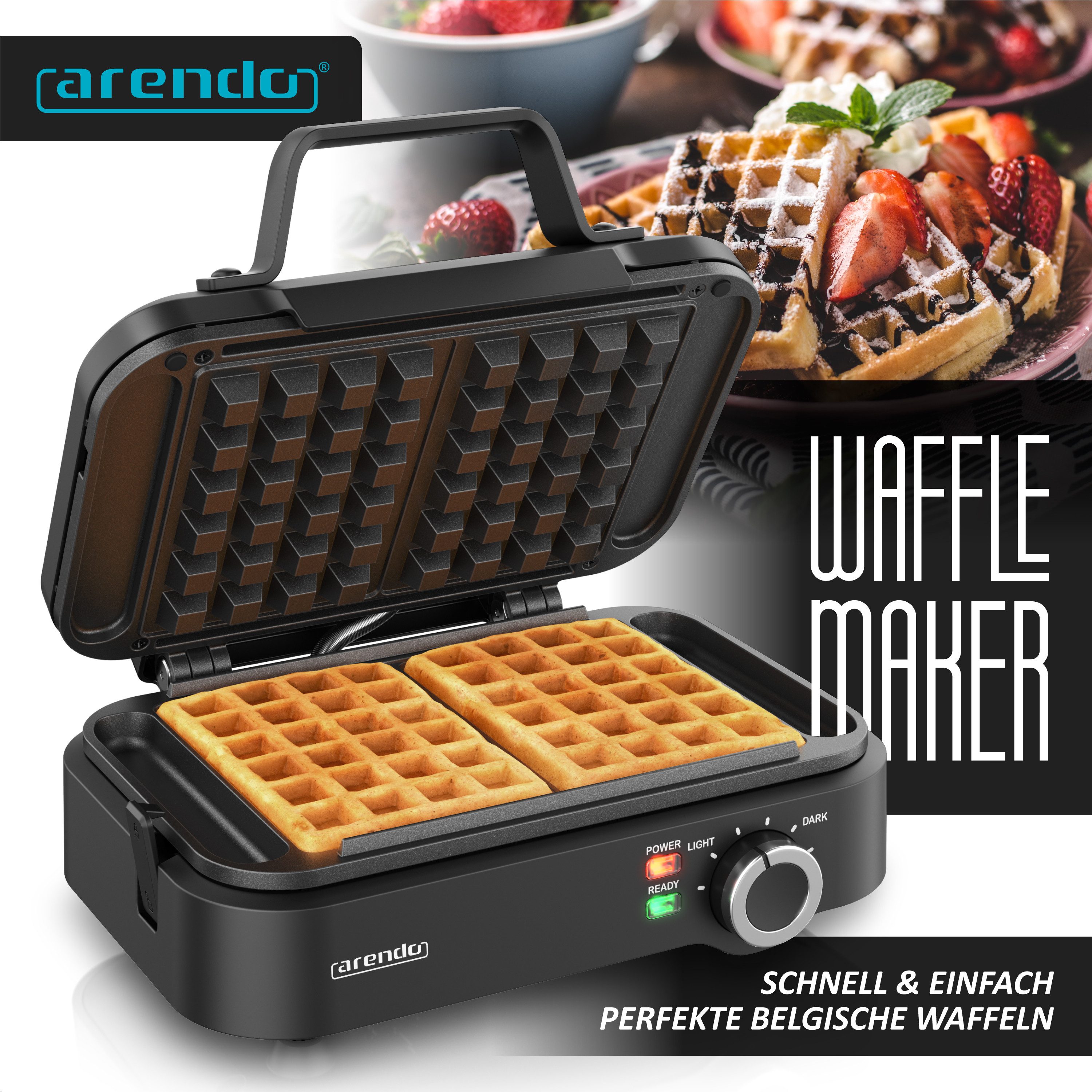 Arendo Waffeleisen Waffelautomat – 2 Waffeln à 12,6 cm-, 1200 W, Antihaftbeschichtung – Belgische Waffeln