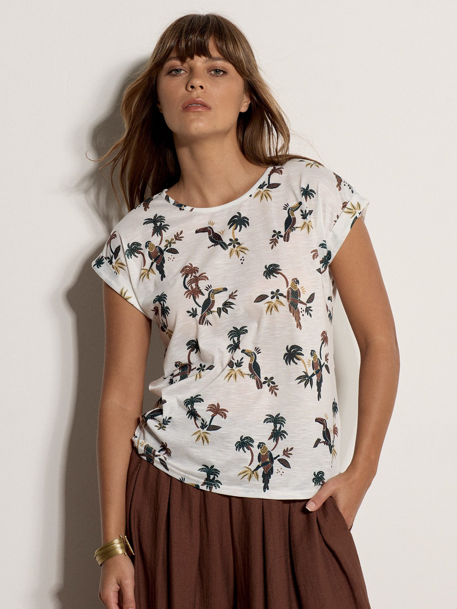Apricot T-Shirt Slub-T-Shirt mit Papageien- und Palmenprint
