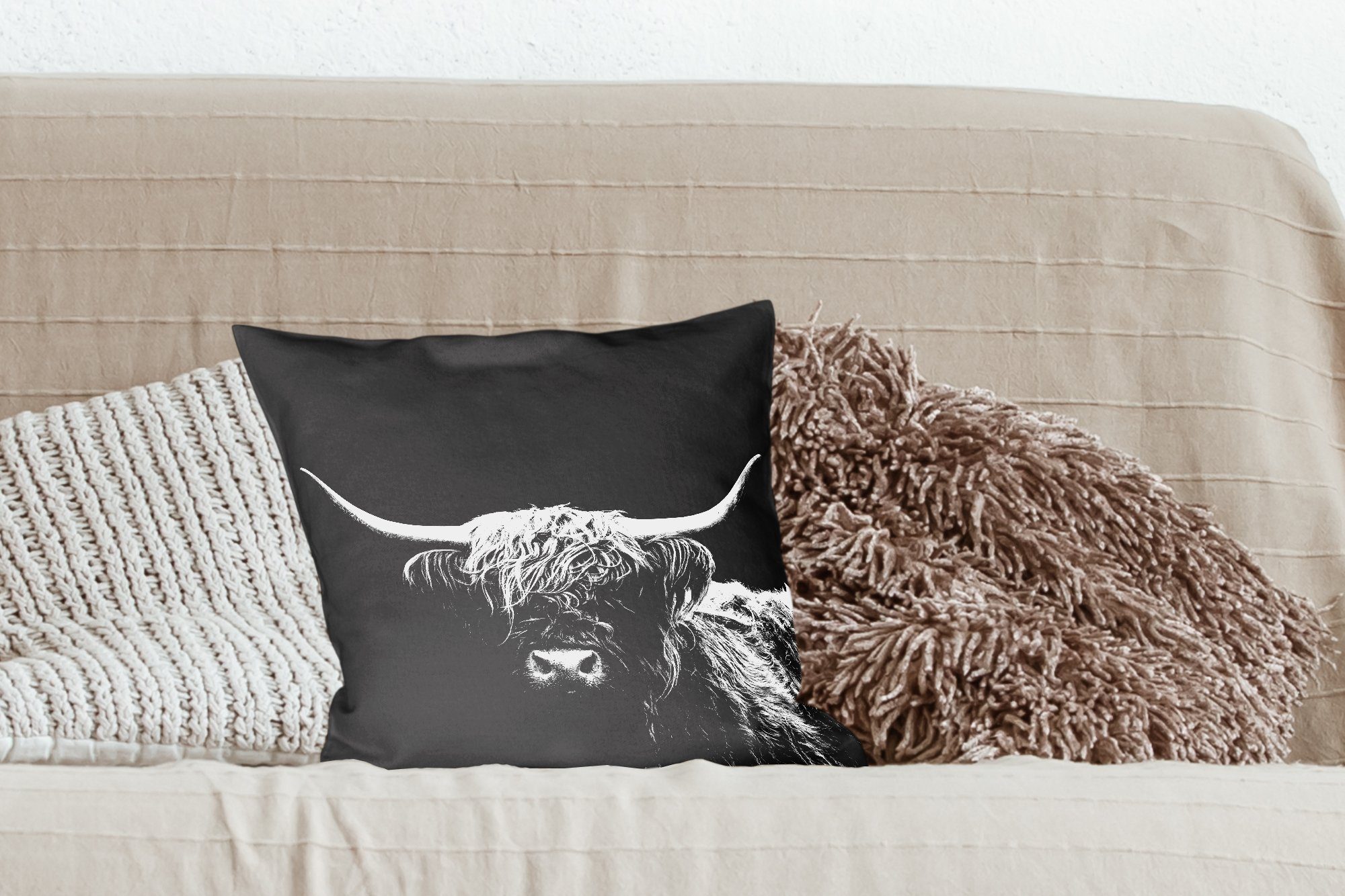 Deko, Wohzimmer, Highlander Schwarz - MuchoWow Schlafzimmer, - Kuh Sofakissen Weiß - Füllung für Zierkissen Dekokissen Tiere, - mit Schottischer