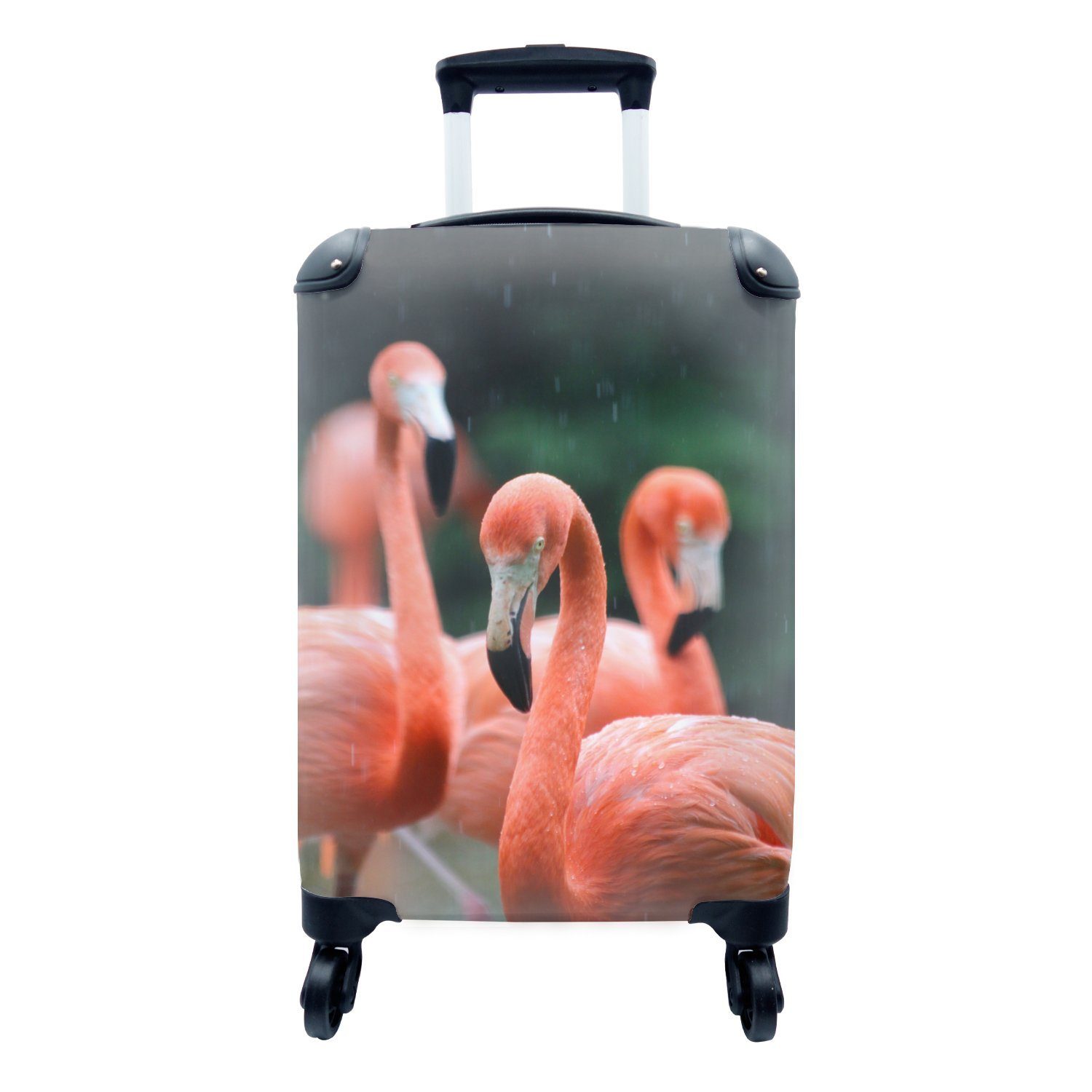 MuchoWow Handgepäckkoffer Flamingos im Regen, 4 Rollen, Reisetasche mit rollen, Handgepäck für Ferien, Trolley, Reisekoffer | Handgepäck-Koffer