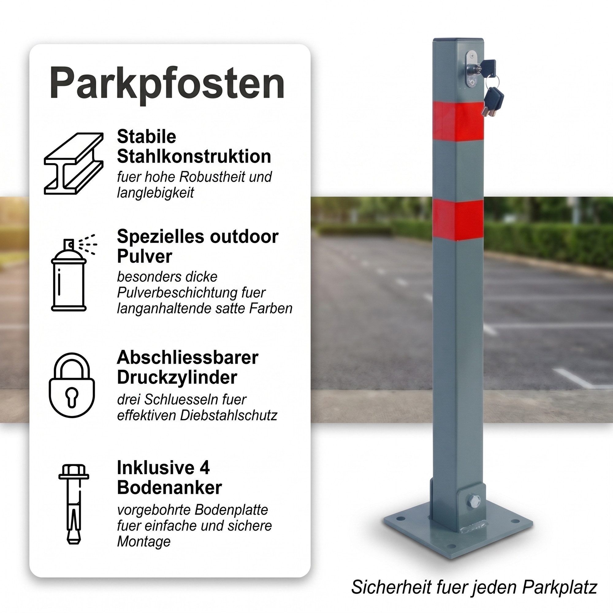 Mucola Absperrpfosten Parkpfosten klappbar Parkplatzsperre 65CM Absperrpfosten Poller (Stück, 1-tlg., inkl. Schlüssel, Parkplatzbügel, Bodenanker), Spezielles outdoor Pulver und besonders dicke Pulverbeschichtung