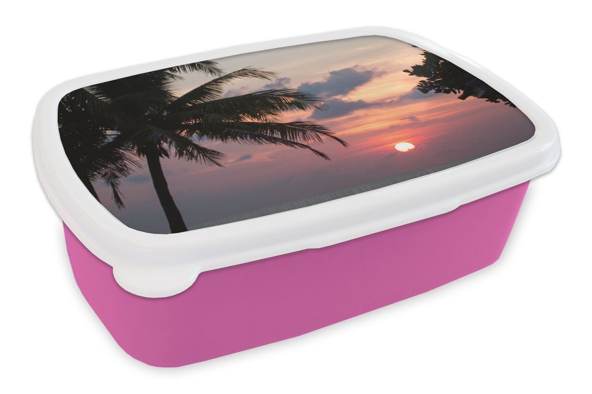 MuchoWow Lunchbox Tropisch - Palme - Sonne, Kunststoff, (2-tlg), Brotbox für Erwachsene, Brotdose Kinder, Snackbox, Mädchen, Kunststoff rosa