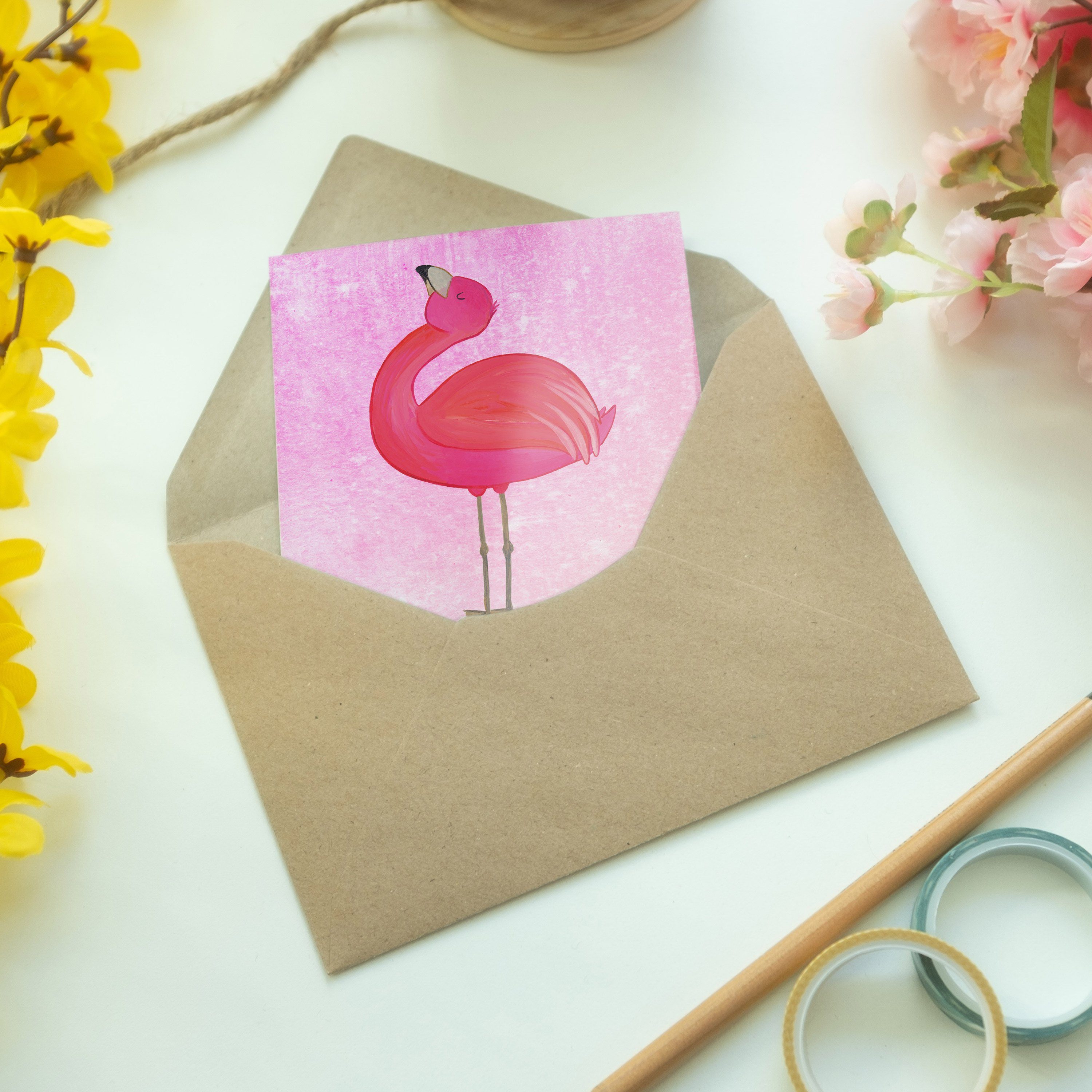 Panda Mr. Geschenk, Pink Mrs. Glückwun Grußkarte Aquarell & - - Flamingo stolz Geburtstagskarte,