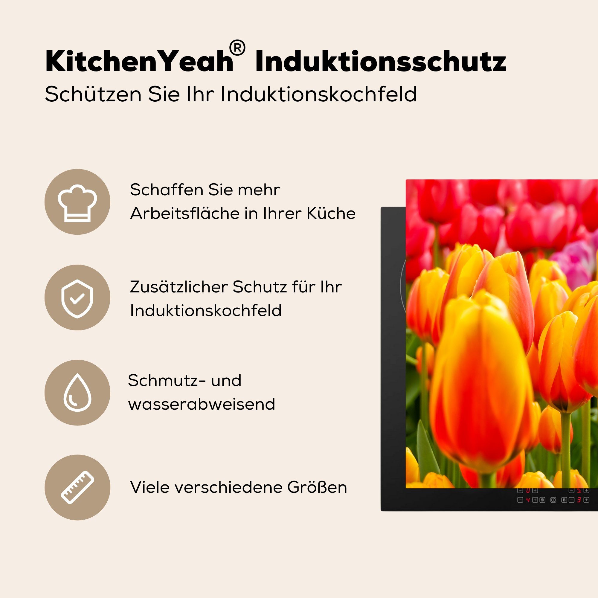 (1 81x52 Induktionskochfeld Orangene Vinyl, Herdblende-/Abdeckplatte Ceranfeldabdeckung Schutz Keukenhof tlg), Tulpen MuchoWow cm, in küche, dem den Niederlanden, auf die für