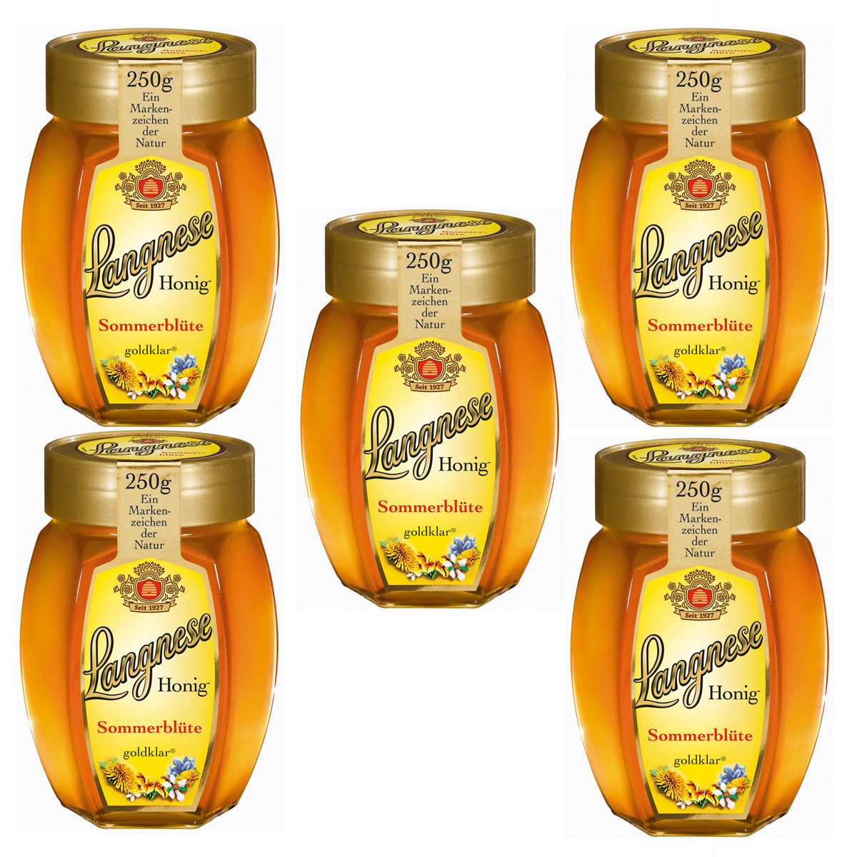 Langnese Honig, Langnese Honig Sommerblüten goldklar süß und fein 250g 5er Pack