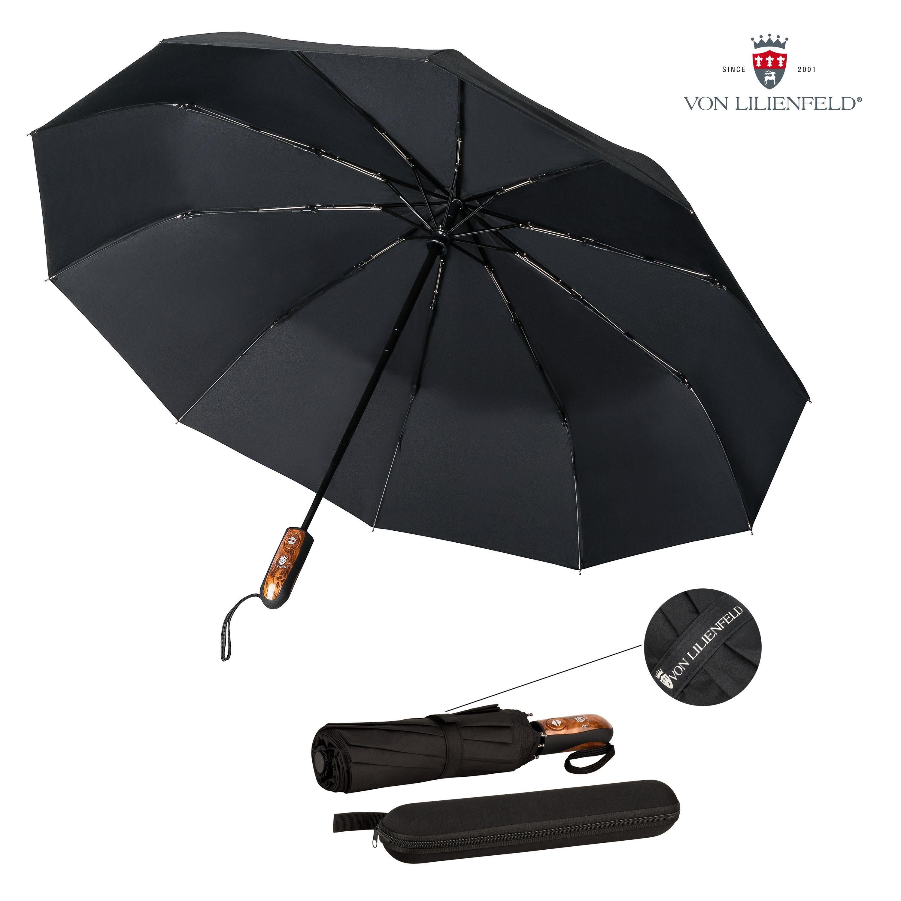 von Lilienfeld Taschenregenschirm Schirm Clark mit Reise-Etu Auf-Zu-Automatik Teflonbeschichtung, extrem wasserabweisend, schnelltrocknend schwarz