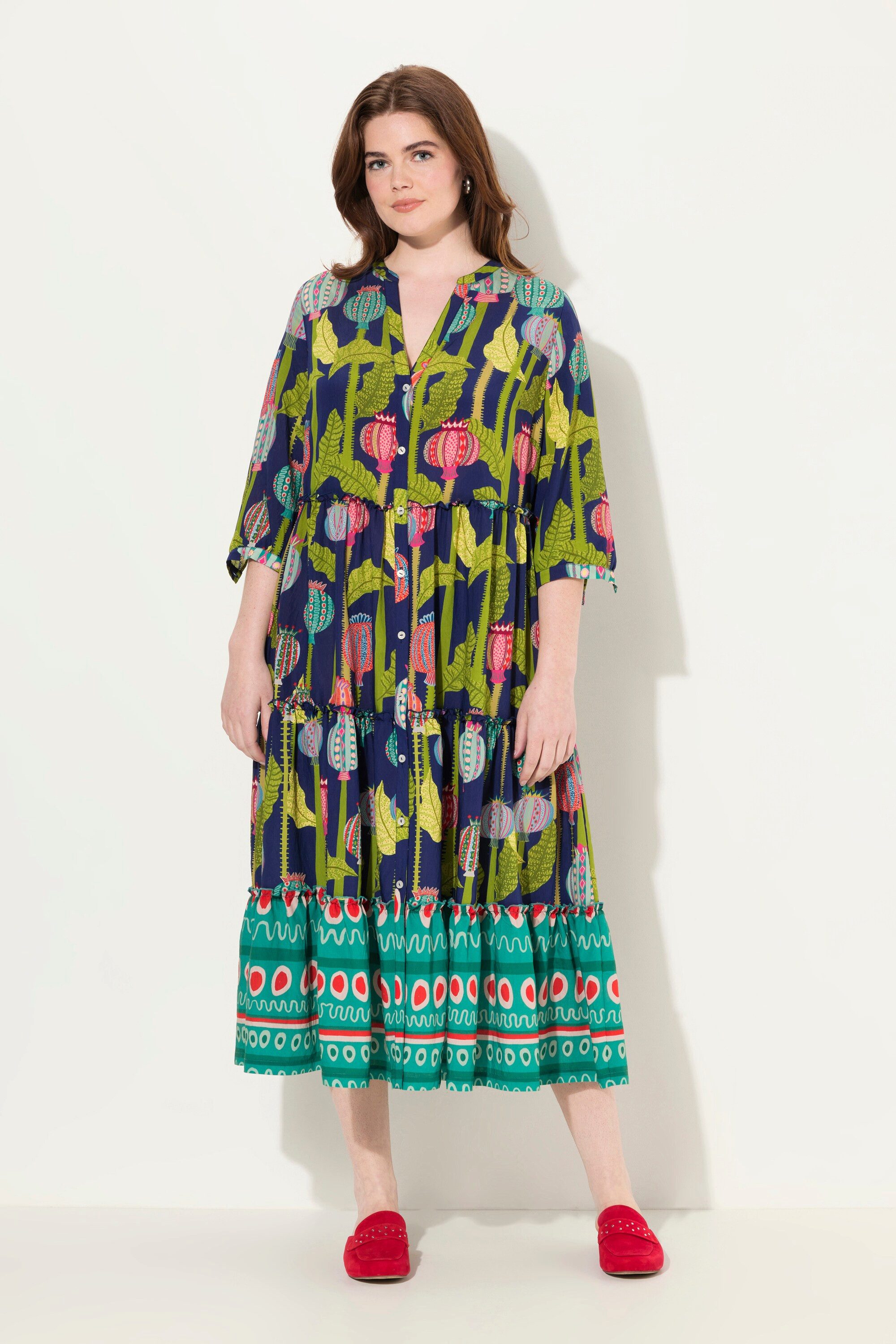 Ulla Popken Maxikleid Maxikleid Stehkragen V-Ausschnitt günstig online kaufen