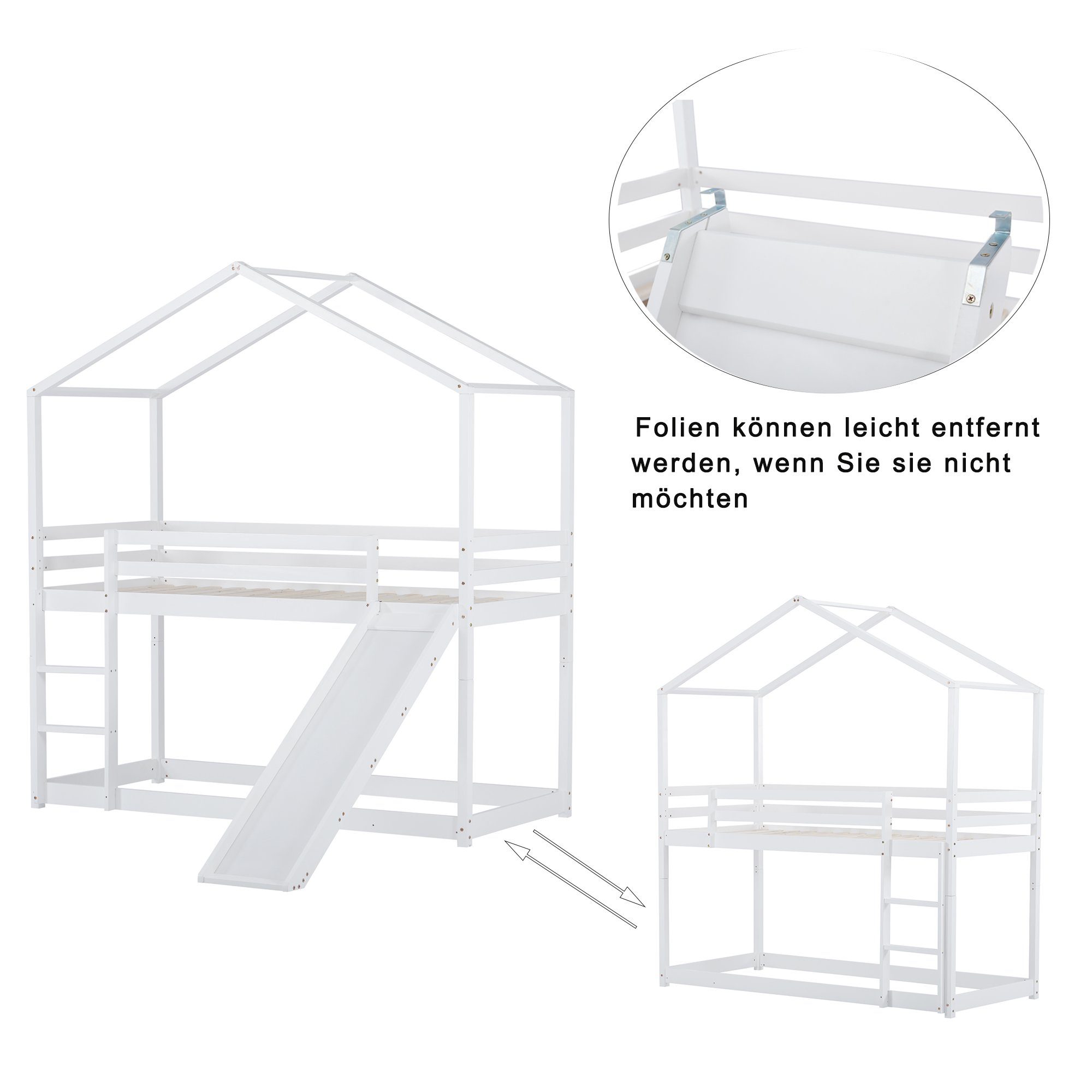 Etagenbett (Kinderbett Hausbett 90x200 cm), Hochbett mit Lattenrost, Rutsche, Rausfallschutz und Leiter, Kiefer