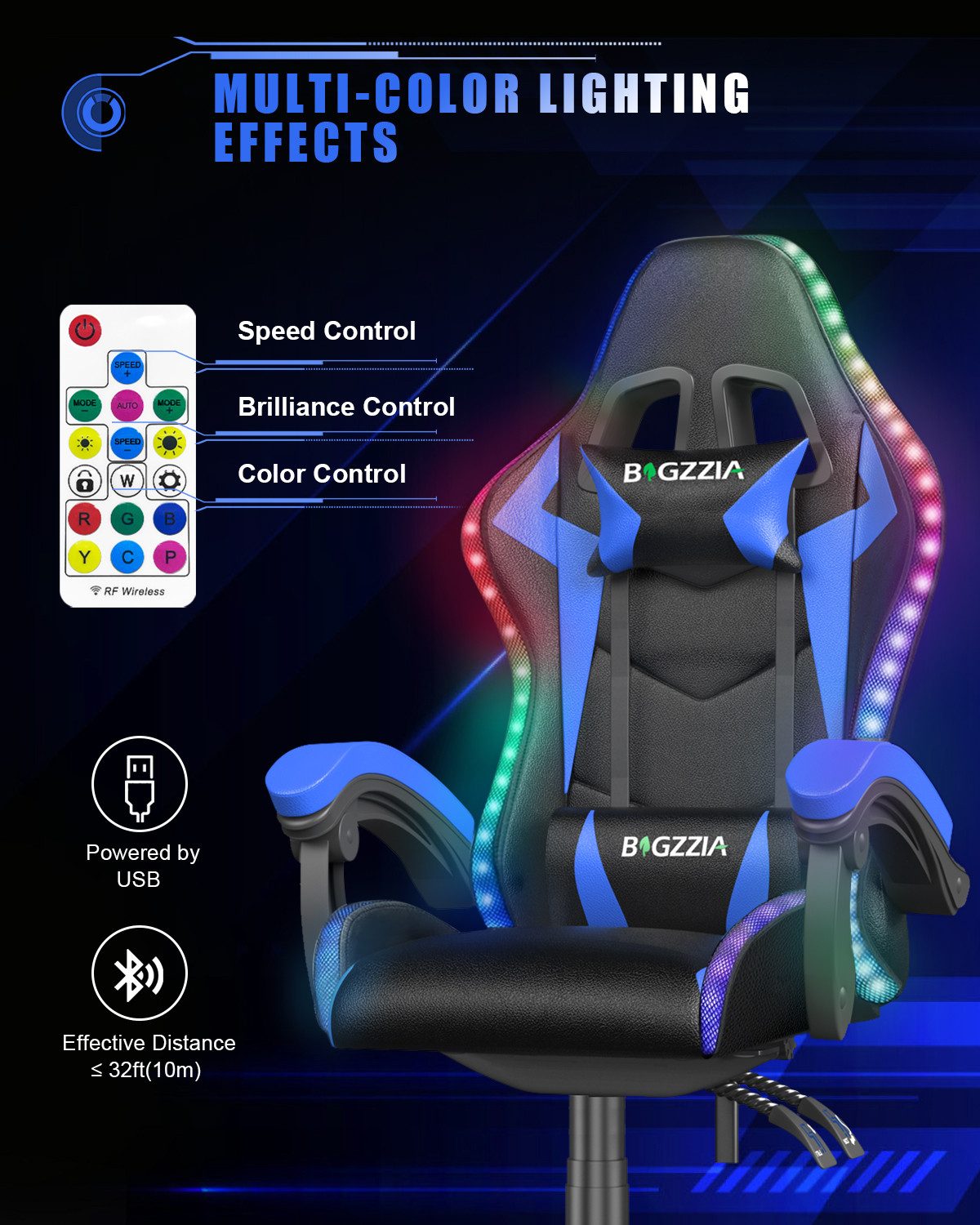Gywowken Gaming-Stuhl mit LED - Gaming Chair Ergonomisch - 90-155° Rückenlehne