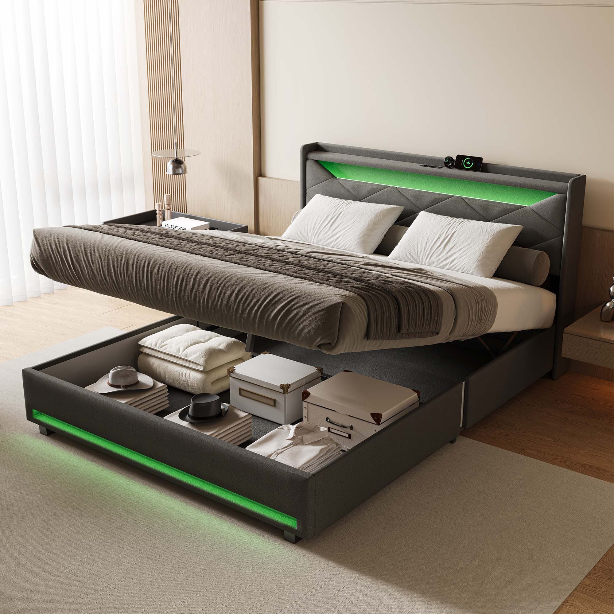 FUROKOY Polsterbett Doppelbett Stauraumbett mit USB+Type günstig online kaufen
